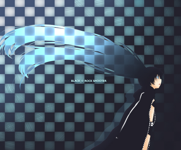 bbb (33kudo), bbb (carrot grass), black rock shooter (character), hatsune miku, black rock shooter, vocaloid, 10s, 1girl, belt, bikini, bikini top only, bikini under clothes, black hair, black shorts, blacku00e2u02dcu2026rock shooter, blue eyes, blue hair, checkered background, copyright name, cowboy shot, expressionless, female focus, flat chest, floating hair, from side, gradient hair, jacket, long hair, multicolored hair, open clothes, open jacket, open mouth, profile, shorts, solo, standing, star (symbol), swimsuit, twintails, unzipped, upper body, very long hair, wind
