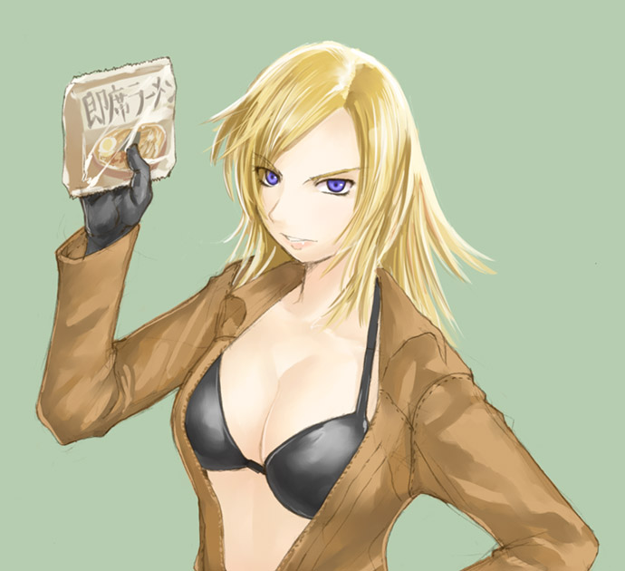 kasuga yukihito, eva (metal gear), metal gear (series), metal gear solid 3: snake eater, 1girl, blonde hair, blue eyes, bra, breasts, female focus, food, gloves, lingerie, midriff, noodles, open clothes, pack noodles, solo, underwear