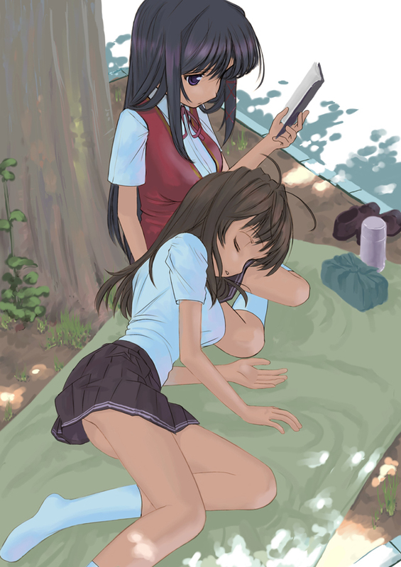 mocha, kuze kiriha, yuuki haruna, fortune arterial, 2girls, black hair, book, brown hair, closed eyes, lap pillow, long hair, lying, multiple girls, open book, outdoors, purple eyes, reading, school uniform, serafuku, shoes, shorts, sitting, sleeping, socks, tree, tree shade, under tree, unworn shoes, yokozuwari