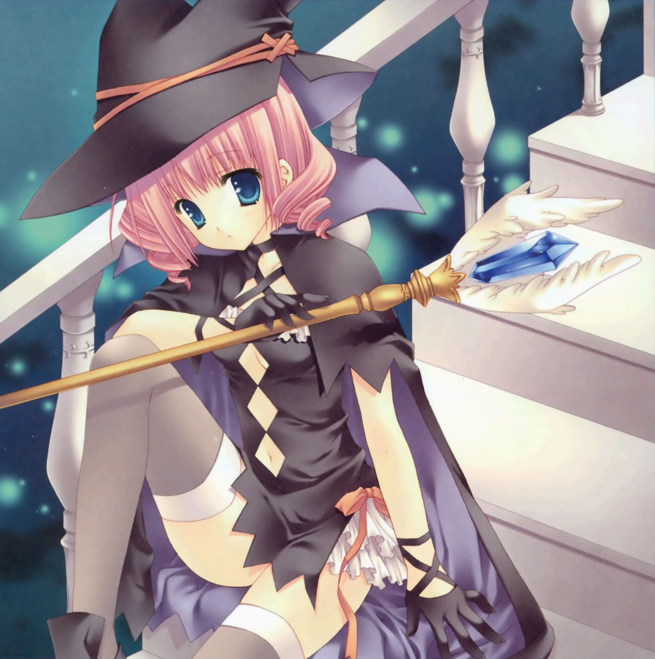 tatekawa mako, wnb mark, aquarian age, highres, 00s, 1girl, blue eyes, drill hair, female focus, gloves, sitting, sitting on stairs, solo, staff, stairs, thighhighs, witch
