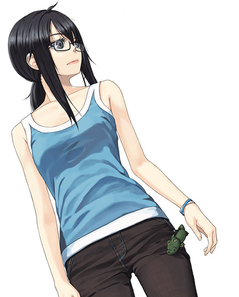 itsutsu, original, black hair, camisole, denim, glasses, jeans, lips, pants, solo