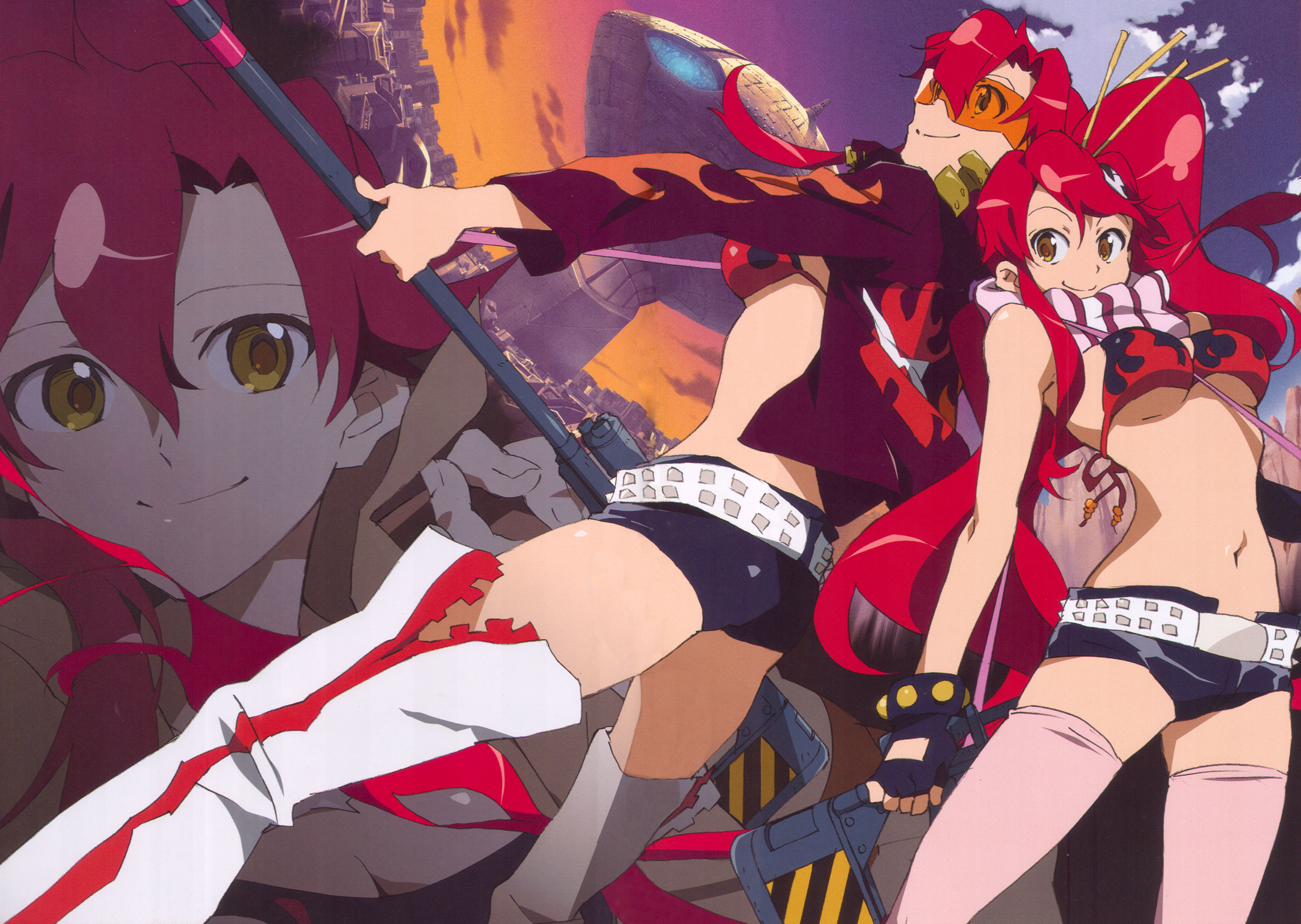 hasegawa hitomi, yoko littner, tengen toppa gurren lagann, absurdres, highres, scan, 00s, 2girls, bikini, bikini top only, breasts, cleavage, elbow gloves, glasses, gloves, goggles, gun, multiple girls, ponytail, red hair, rifle, scarf, short shorts, shorts, swimsuit, thighhighs, underboob, weapon, yellow eyes