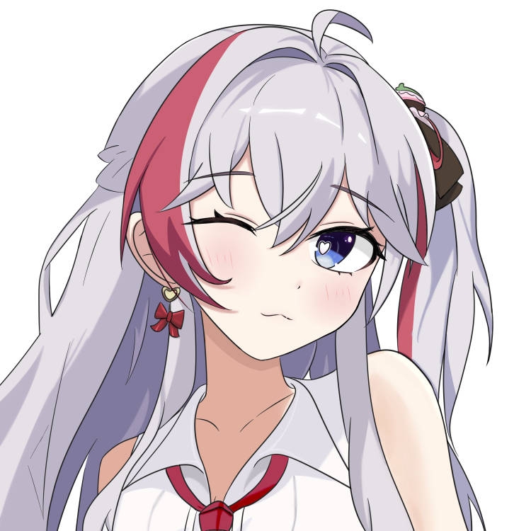 chokei, kanami (strinova), strinova, 1girl, :3, ahoge, blue eyes, blush, collarbone, dot nose, earrings, hair ribbon, head tilt, heart, heart-shaped pupils, jewelry, looking at viewer, multicolored hair, one eye closed, pink hair, ribbon, side ponytail, simple background, solo, symbol-shaped pupils, white background, white hair, wink