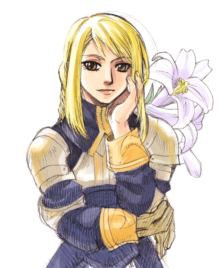 yamao105, agrias oaks, final fantasy, final fantasy tactics, bad id, bad pixiv id, 1girl, armor, blonde hair, braid, braided ponytail, brown eyes, female focus, gloves, knight, long hair, single braid, solo