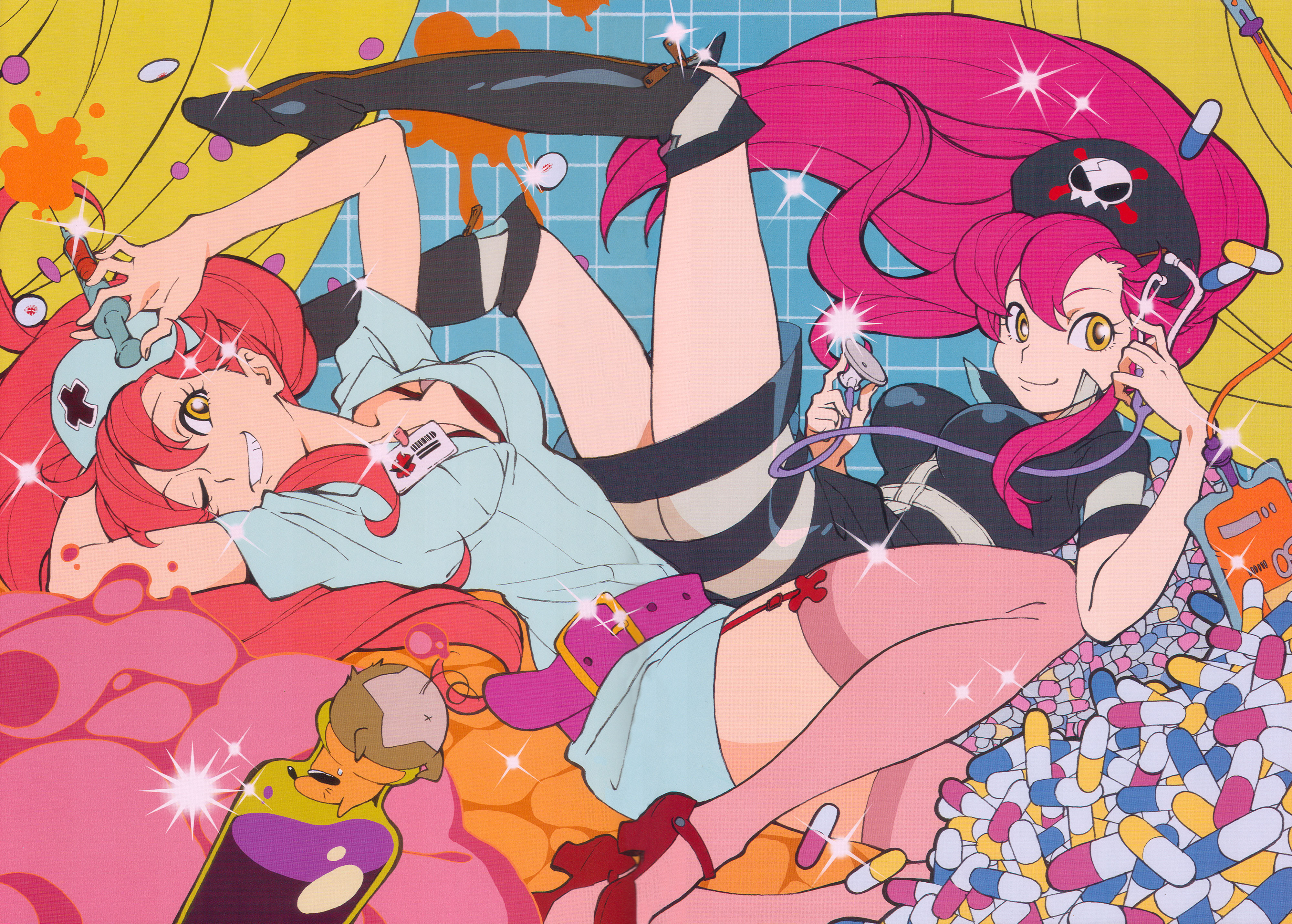 nakamura shouko, boota (ttgl), yoko littner, tengen toppa gurren lagann, absurdres, highres, official art, scan, 00s, 2girls, boots, bra, breasts, drugs, garter belt, lingerie, multiple girls, nurse, pill, ponytail, red hair, syringe, thighhighs, underwear, yellow eyes