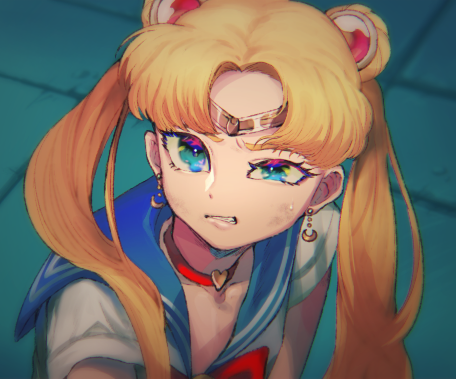 sailor moon, bishoujo senshi sailor moon, 1girl, blonde hair, blue eyes, blue sailor collar, choker, collarbone, crescent, crescent earrings, d caradan, double bun, earrings, hair bun, hair over shoulder, heart, heart choker, jewelry, long hair, magical girl, meme, parted bangs, red choker, sailor collar, sailor moon redraw challenge (meme), sailor senshi uniform, solo, tile floor, tiles, twintails, upper body