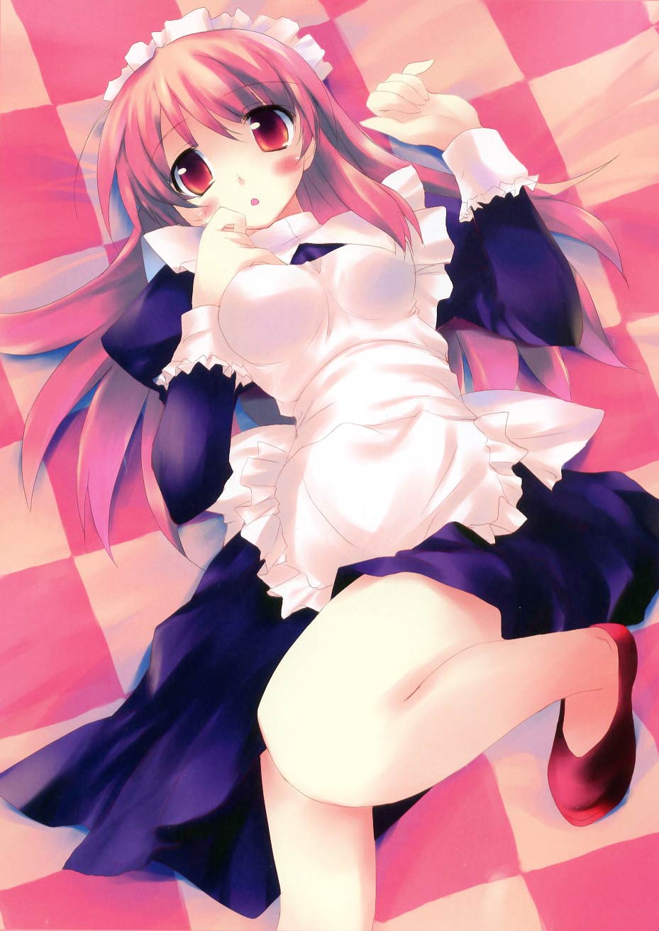 asahina mikuru, suzumiya haruhi no yuuutsu, duplicate, highres, 00s, 1girl, blush, female focus, long hair, lying, maid, maid headdress, on back, red eyes, red hair, solo