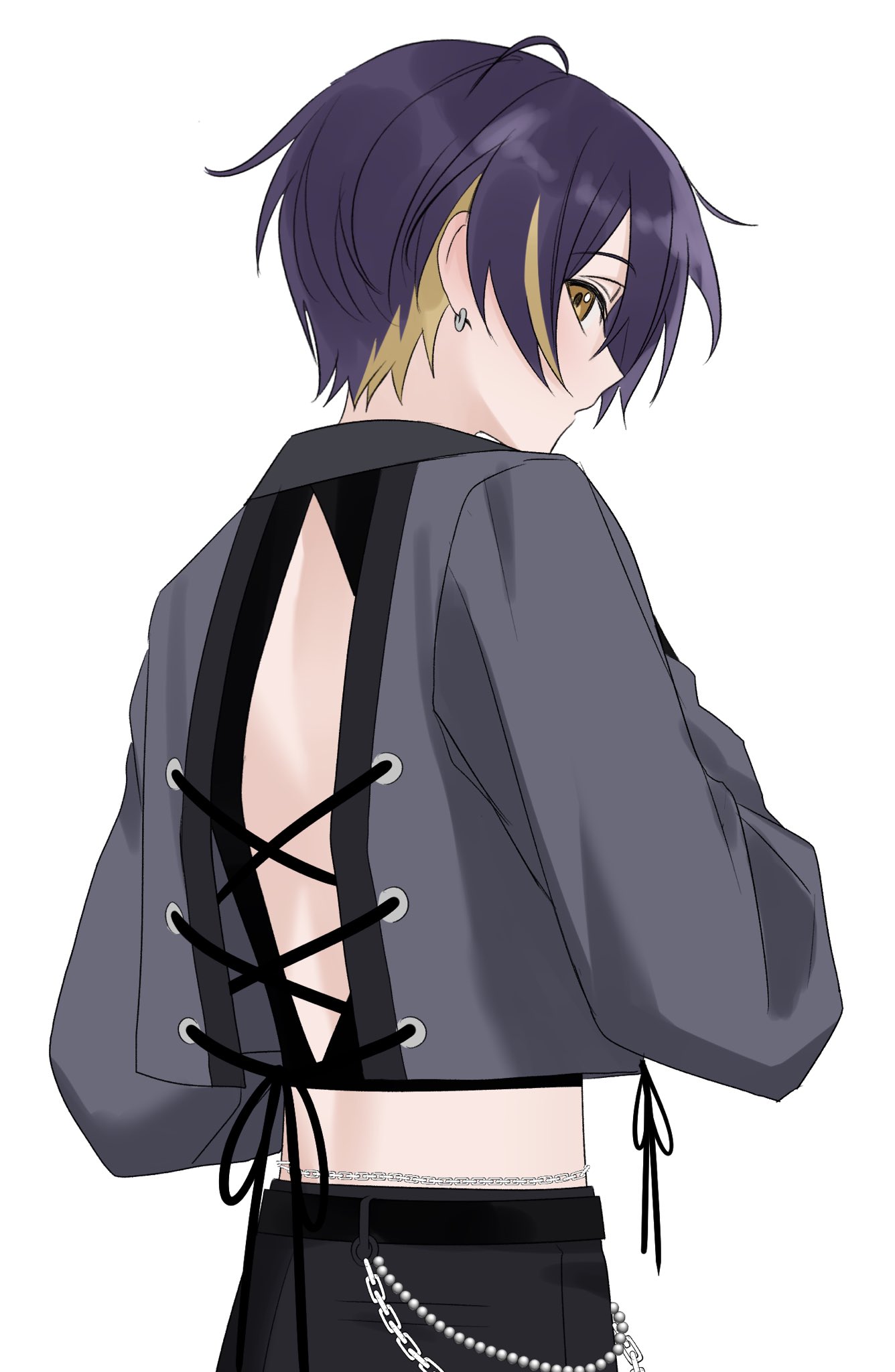 sengoku shinobu, ensemble stars!, commentary request, highres, korean commentary, 1boy, blonde hair, brown eyes, chain, earrings, from behind, jewelry, lat (latttttt ), looking at viewer, male focus, midriff, multicolored hair, official alternate costume, purple hair, short hair, sideways glance, simple background, solo, streaked hair, talk to me (ensemble stars!), two-tone hair, upper body, white background