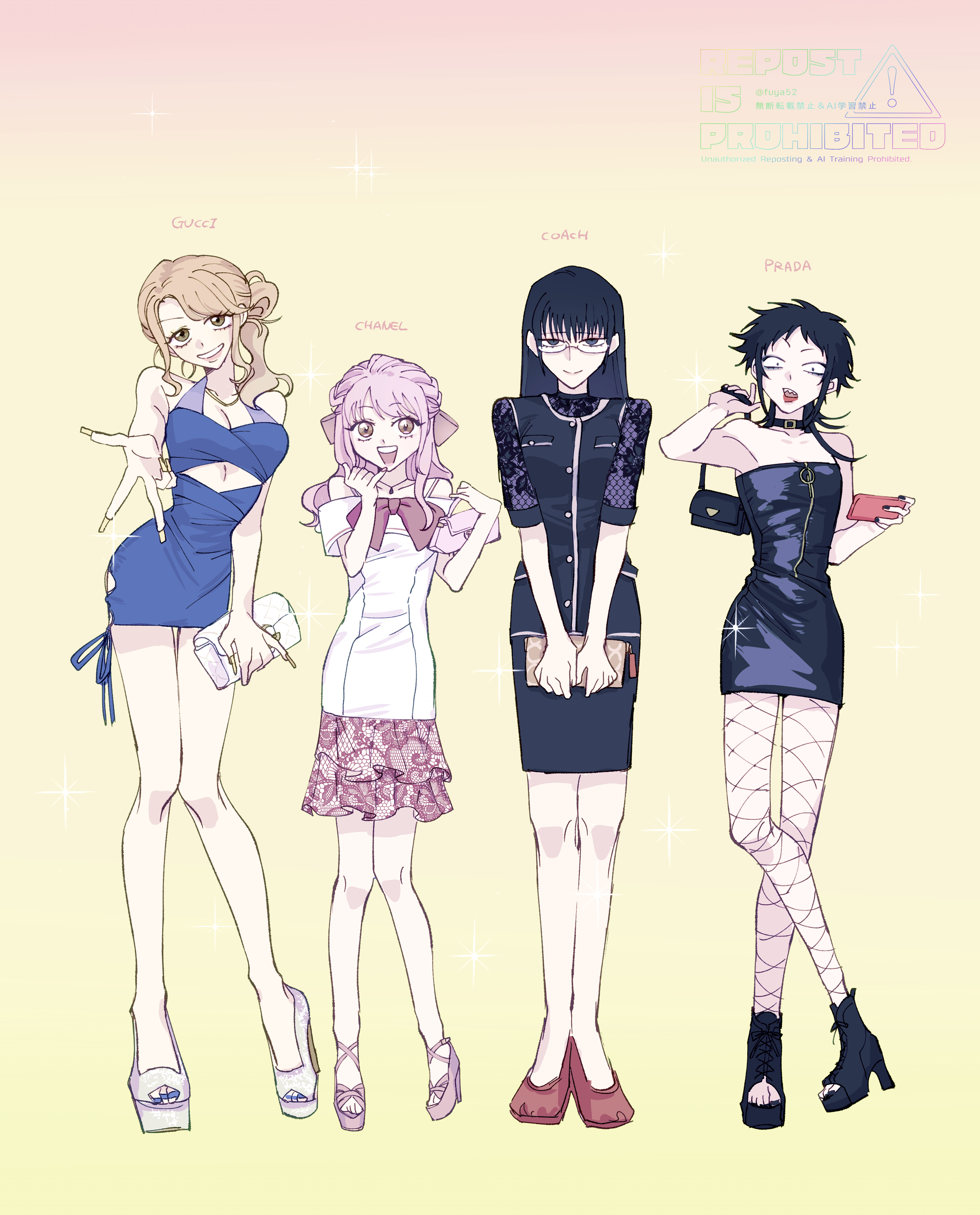 fuyaharu, hajime (everyday host), kouichi (everyday host), ryouichi (everyday host), senichi (everyday host), chanel, everyday host, gucci, small pupils, absurdres, clothing request, highres, 4girls, :>, :o, armpits, bag, bags under eyes, belt buckle, belt collar, black dress, black hair, black nails, black shirt, black shoes, black skirt, blonde hair, blue dress, blue eyes, blue nails, bow, breasts, brown bag, buckle, cleavage, clothing cutout, clutch purse, coach (brand), cocked eyebrow, collar, collarbone, contrapposto, crossed legs, cutout above navel, dress, fingernails, fishnets, flat chest, genderswap, genderswap (mtf), glasses, gold necklace, gradient background, grin, gyaru w, hair bow, half updo, halter dress, halterneck, hand up, handbag, hands up, head tilt, high heels, holding, holding bag, holding phone, jewelry, knees, knees together feet apart, lace-up heels, lace shirt, lace trim, latex, latex dress, layered shirt, legs together, long fingernails, long hair, looking at viewer, medium breasts, medium hair, multiple girls, multiple hair bows, necklace, off-shoulder dress, off shoulder, open-toe shoes, outstretched arm, pale skin, parted bangs, pencil skirt, phone, pink background, pink bag, pink bow, pink hair, pink lips, pink shoes, platform heels, prada (brand), purple shirt, quilted bag, red lips, red shoes, round eyewear, shaka sign, sharp teeth, shirt, shoes, short bangs, short dress, short eyebrows, short sleeves, side-tie dress, side ponytail, skirt, sleeveless, sleeveless dress, smile, spaghetti strap, sparkle, standing, straight-on, straight hair, strappy heels, swept bangs, tareme, teeth, thigh cutout, thigh gap, w, watermark, wavy hair, white bag, white dress, white shoes, white trim, wispy bangs, wolf cut, yellow background, yellow nails, zipper pull tab
