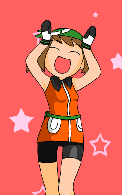 david camacho, may (pokemon), may (pokemon emerald), nintendo, pokemon, pokemon rse, animated, animated gif, lowres, 00s, 1girl, alternate costume, bag, bandana, bike shorts, black gloves, breasts, brown hair, caramelldansen, closed eyes, dancing, female focus, gloves, headscarf, jacket, long hair, open mouth, orange jacket, red background, sleeveless, sleeveless jacket, small breasts, smile, solo, standing, star (symbol), star symbol background