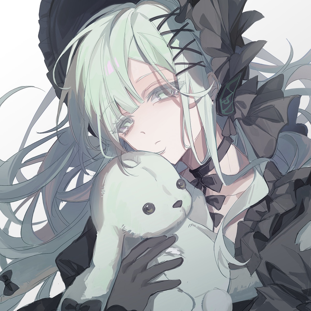 tansuan (tansaninryou), wakaba mutsumi, wakaba mutsumi (marionette's id), arknights, bang dream!, bang dream! it's mygo!!!!!, commentary request, highres, 1girl, black bonnet, black choker, black gloves, bonnet, choker, closed mouth, gloves, green eyes, green hair, hair ornament, holding, holding stuffed toy, long hair, looking at viewer, sidelocks, simple background, solo, stuffed animal, stuffed rabbit, stuffed toy, upper body, x hair ornament