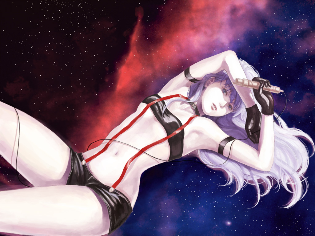 rakuen, sheryl nome, macross, macross frontier, 00s, 1girl, collar, female focus, long hair, microphone, pale skin, purple hair, shorts, solo, star (symbol), suspenders