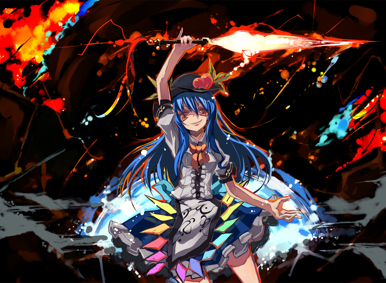 shimadoriru, hinanawi tenshi, touhou, 1girl, black background, blue hair, female focus, food, fruit, hat, long hair, peach, solo, standing, sword, sword of hisou, weapon