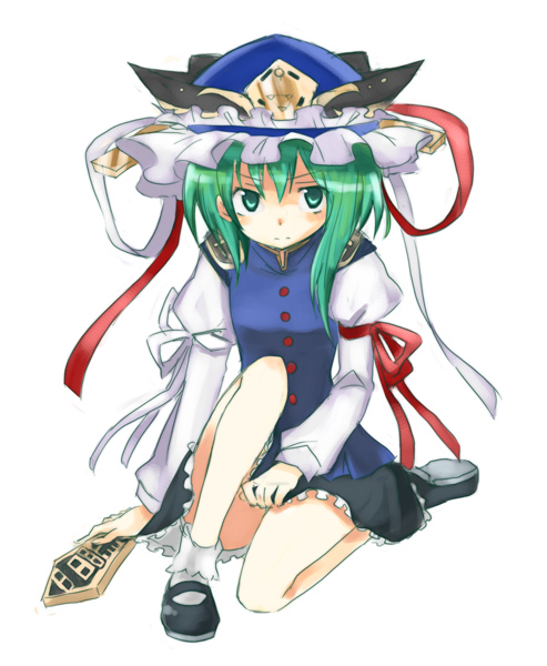 miya (tsumazukanai), shiki eiki, touhou, 1girl, female focus, full body, green eyes, green hair, hat, rod of remorse, simple background, sitting, solo, white background
