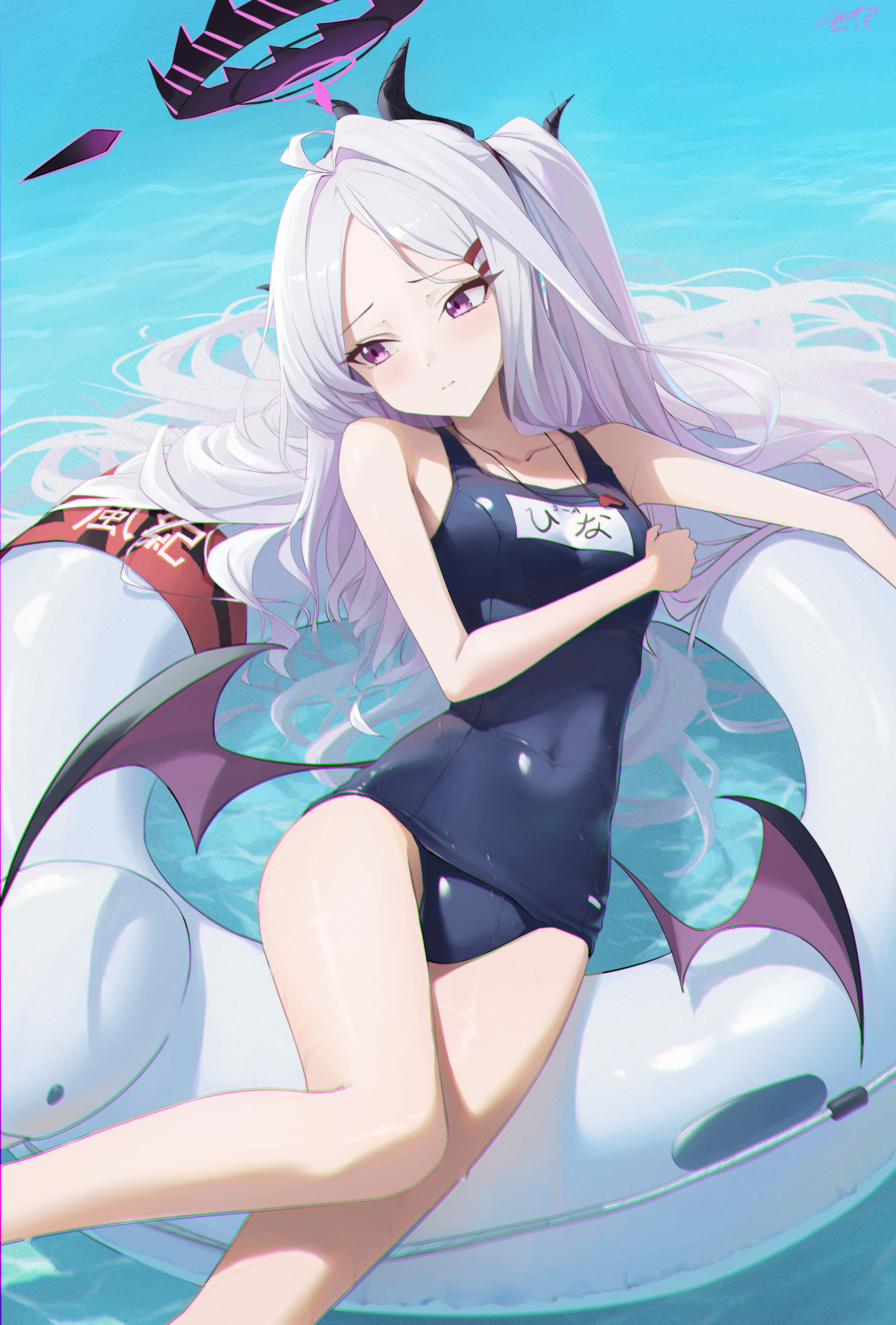 fritz614, hina (blue archive), hina (swimsuit) (blue archive), blue archive, absurdres, highres, 1girl, black halo, black wings, blue one-piece swimsuit, breasts, closed mouth, halo, innertube, long hair, looking to the side, low wings, official alternate costume, old school swimsuit, one-piece swimsuit, purple eyes, school swimsuit, small breasts, swim ring, swimsuit, thighs, whistle, whistle around neck, white hair, wings