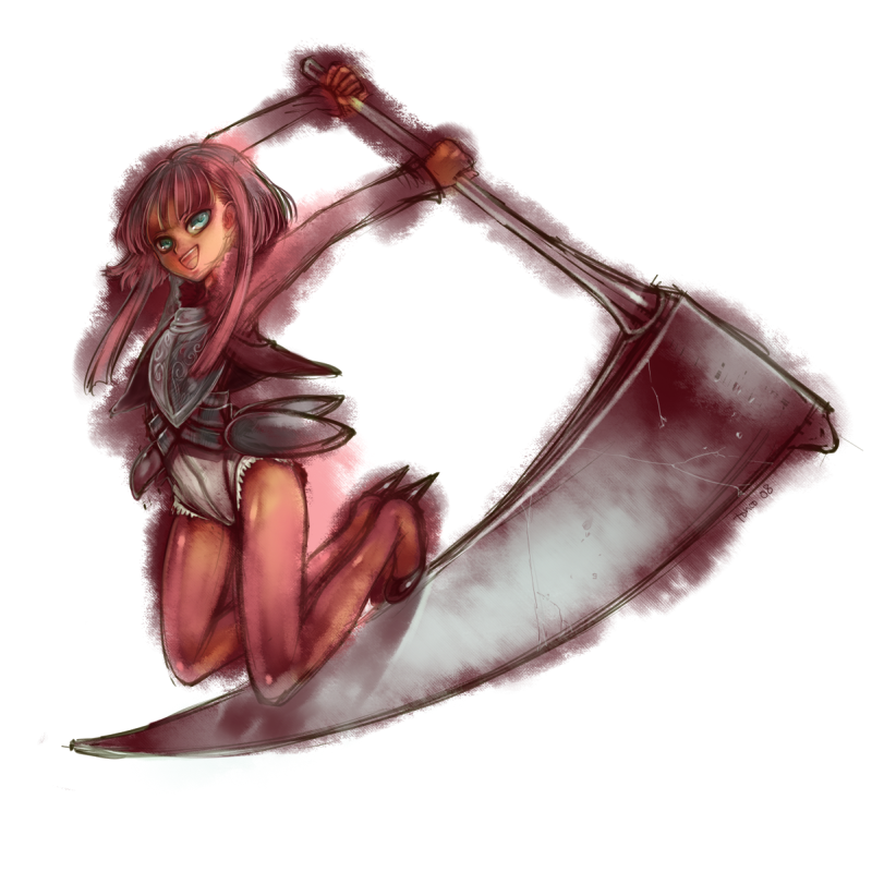 tonco, original, tagme, green eyes, jumping, laughing, scythe, simple background, solo, white background