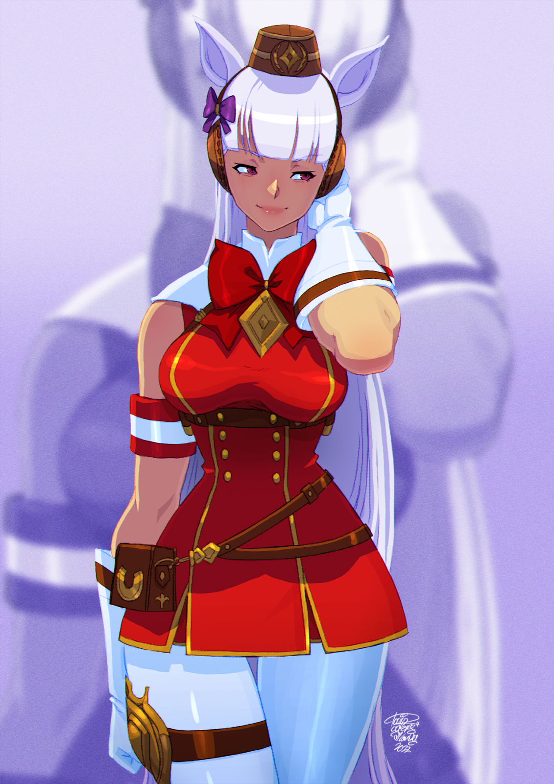 tovio rogers, gold ship (umamusume), umamusume, highres, 1girl, animal ears, blunt bangs, bow, breasts, brown hat, dress, ear covers, hat, horse ears, horse girl, long hair, pantyhose, pillbox hat, purple bow, solo