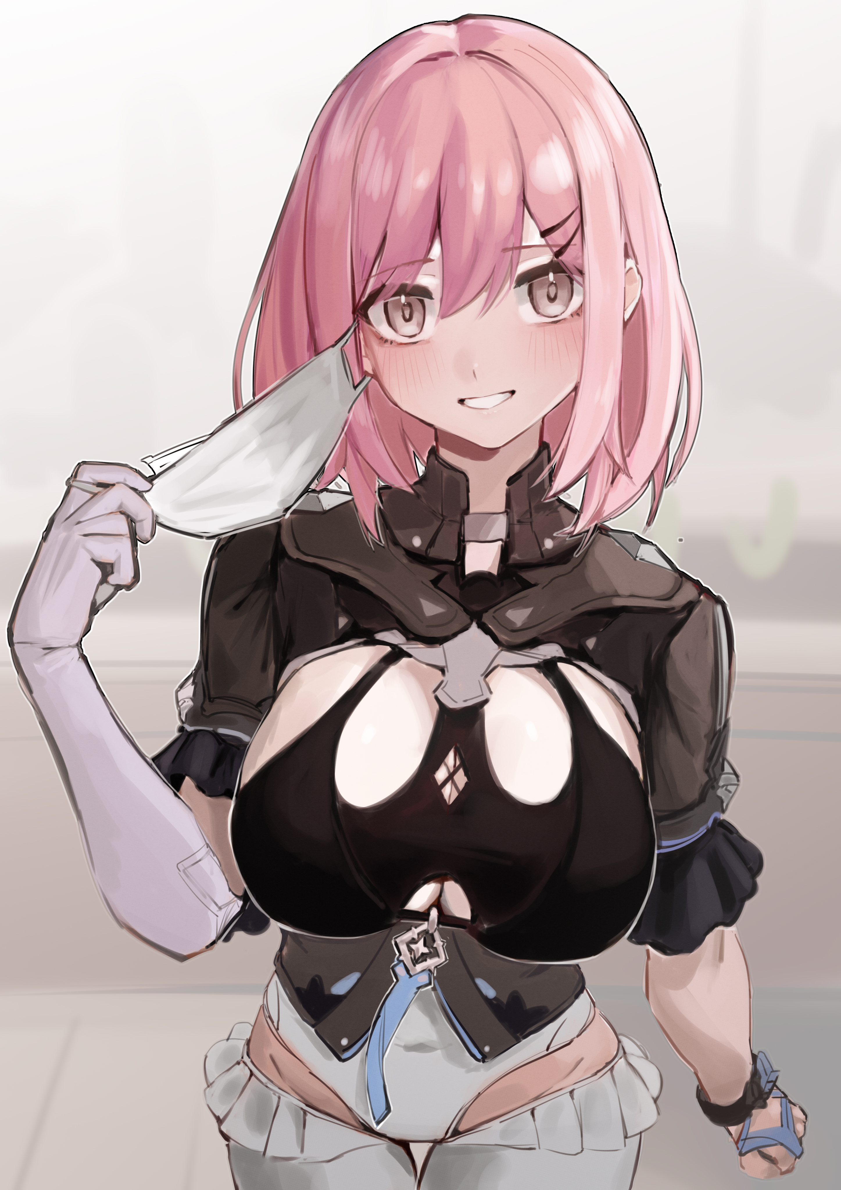 dodo (yatotoyatoto), timido cute, honkai (series), honkai impact 3rd, absurdres, chinese commentary, commentary request, highres, 1girl, black leotard, breasts, elbow gloves, gloves, grey eyes, large breasts, leotard, looking at viewer, mask, mouth mask, pink hair, short hair, shrug (clothing), single glove, smile, solo, thighhighs, watch, white background, white gloves, white thighhighs, wristwatch