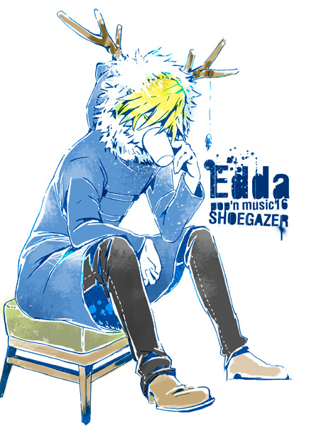 edda, bemani, pop'n music, non-web source, 1boy, animal ears, antlers, black pants, blonde hair, brown shoes, character name, closed eyes, copyright name, cup, drinking, full body, fur trim, green upholstery, guitar, hair over eyes, hood, horns, instrument, jacket, male focus, pants, shoes, simple background, sitting, solo, stool