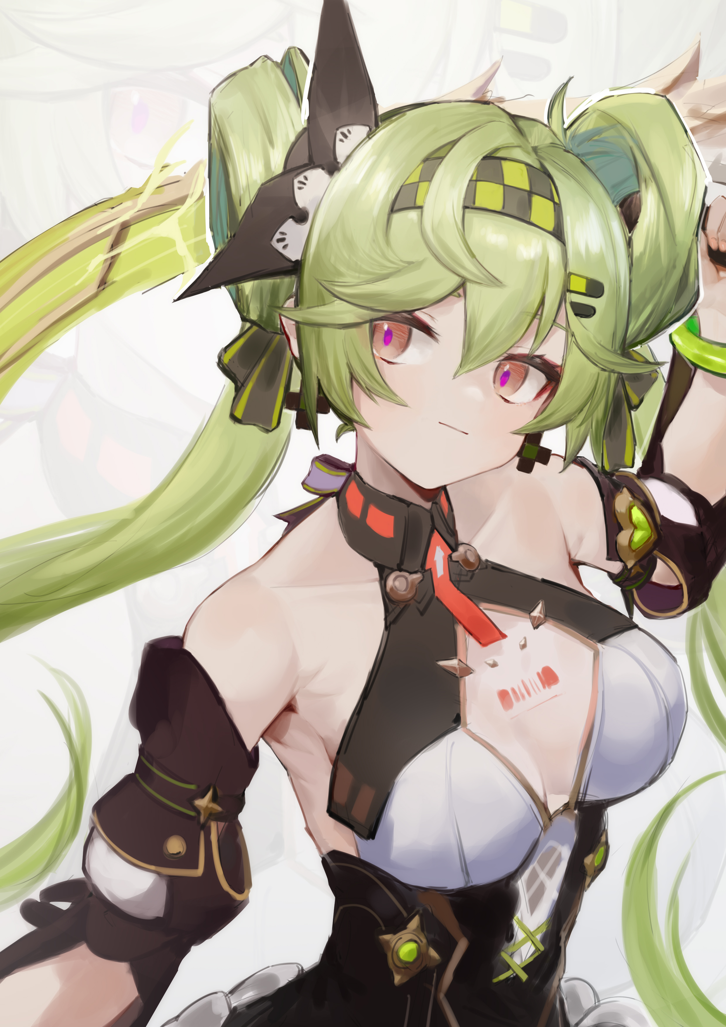 dodo (yatotoyatoto), ai hyperion lambda, honkai (series), honkai impact 3rd, absurdres, chinese commentary, commentary request, highres, 1girl, barcode, bare shoulders, black dress, breasts, detached sleeves, dress, green hair, hair rings, large breasts, long hair, purple eyes, simple background, smile, solo, very long hair, white background