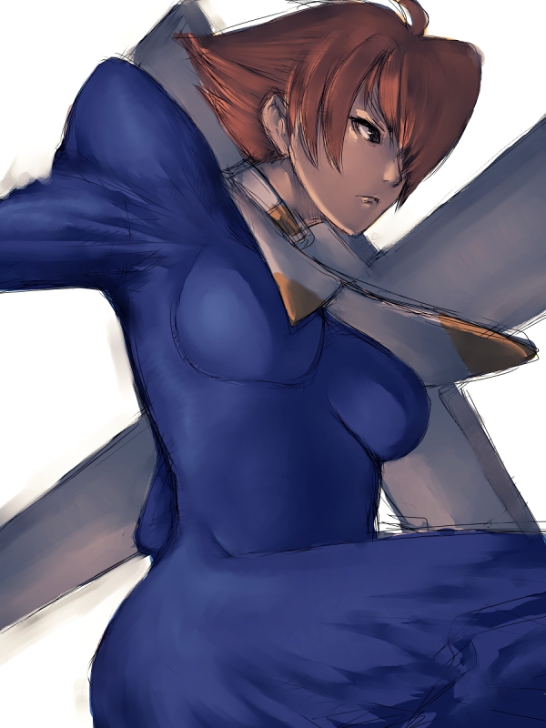 fumio (rsqkr), elsa la conti, aq interactive, arcana heart, arcana heart 2, atlus, examu, 1girl, ahoge, black eyes, breasts, brown hair, cross, dress, female focus, hair over one eye, red hair, short hair, solo, turtleneck