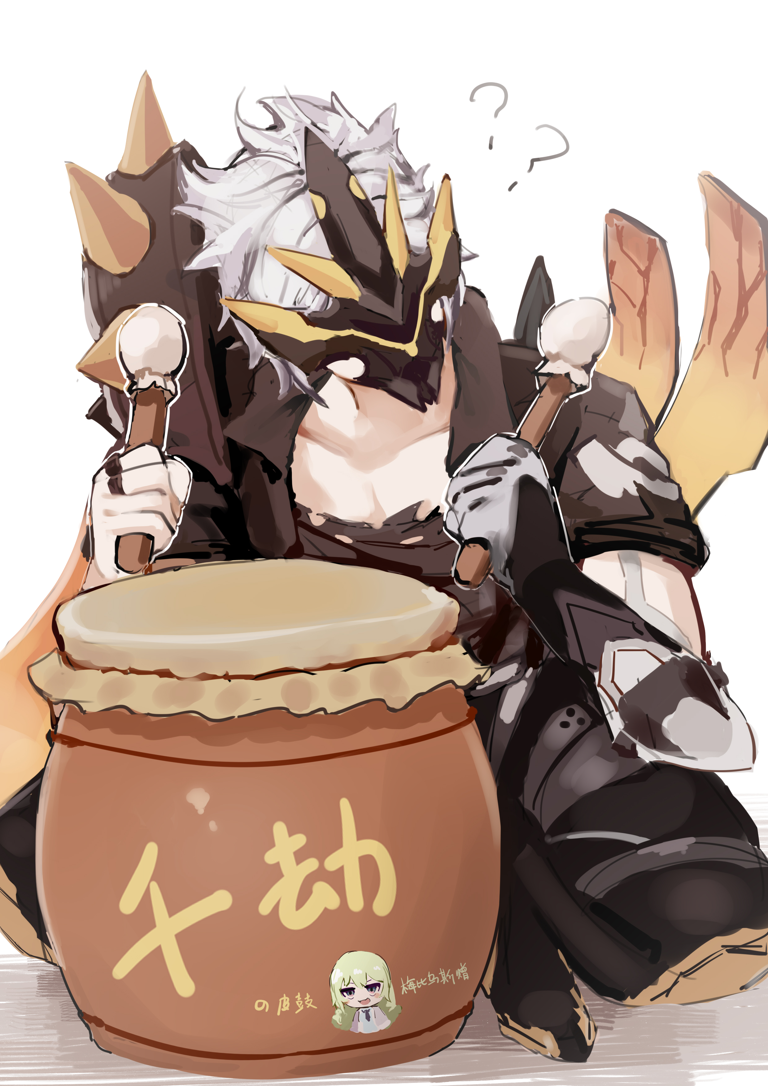 dodo (yatotoyatoto), kalpas (honkai impact), mobius (honkai impact), honkai (series), honkai impact 3rd, absurdres, chinese commentary, commentary request, highres, translation request, 1boy, ?, ??, black gloves, black jacket, black pantyhose, black shirt, drum, gloves, grey hair, instrument, jacket, male focus, mask, pantyhose, shirt, short hair, solo, squatting