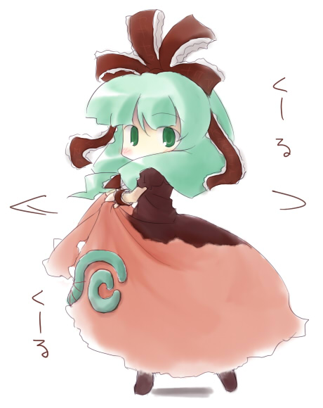 sasane, kagiyama hina, touhou, 1girl, chibi, female focus, front ponytail, green eyes, green hair, matching hair/eyes, skirt hold, solo, spinning
