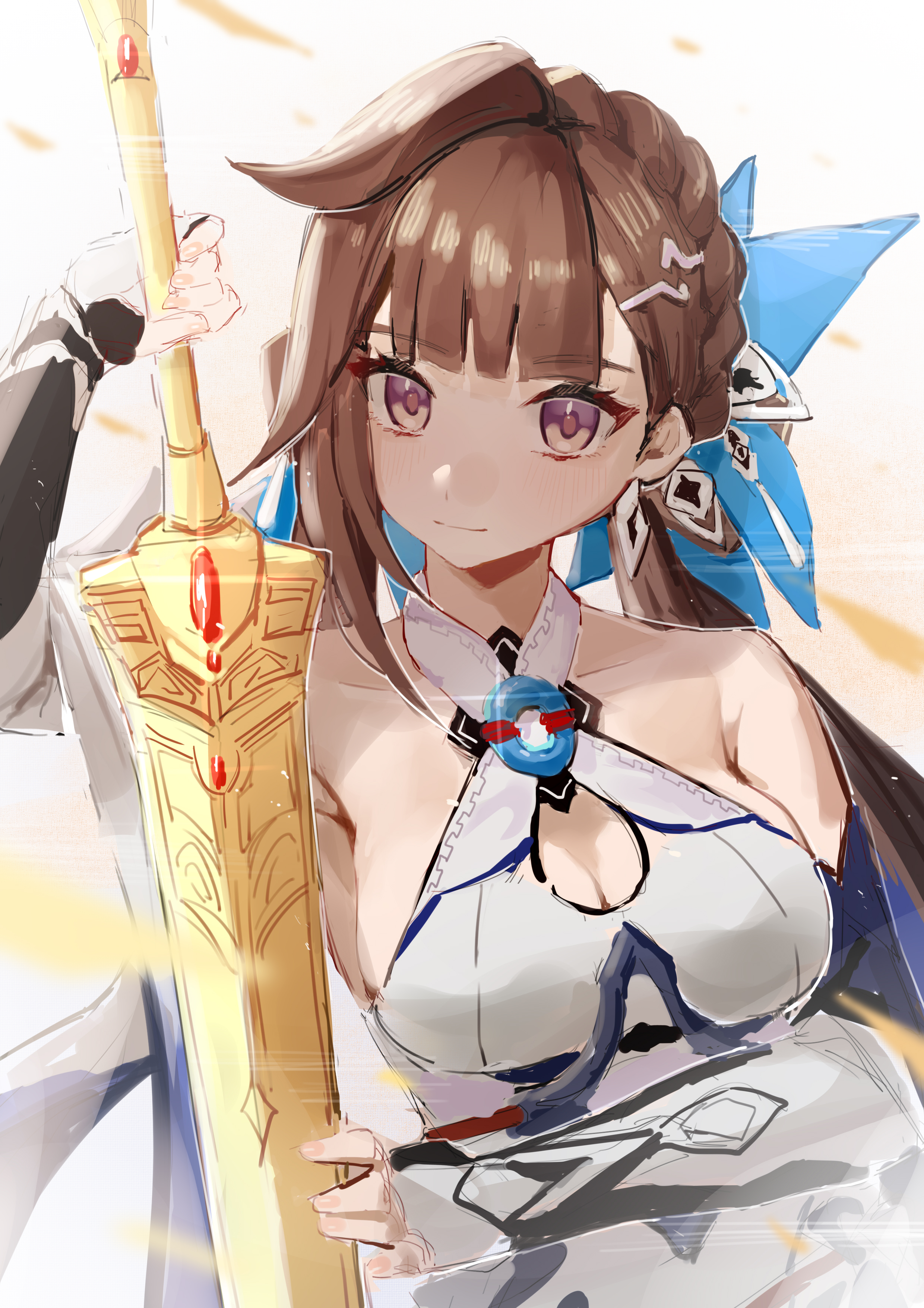 dodo (yatotoyatoto), li sushang, li sushang (jade knight), honkai (series), honkai impact 3rd, absurdres, chinese commentary, commentary request, highres, 1girl, bare shoulders, black gloves, breasts, brown eyes, brown hair, cleavage, dress, fingerless gloves, gloves, holding saw, large breasts, long hair, looking at viewer, simple background, smile, solo, upper body, very long hair, white background, white dress