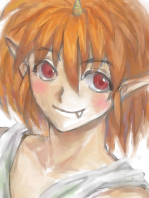 tonco, jin kaze tsukai, yuu yuu hakusho, lowres, 1boy, blush, fang, horns, male focus, pointy ears, single horn, solo, upper body