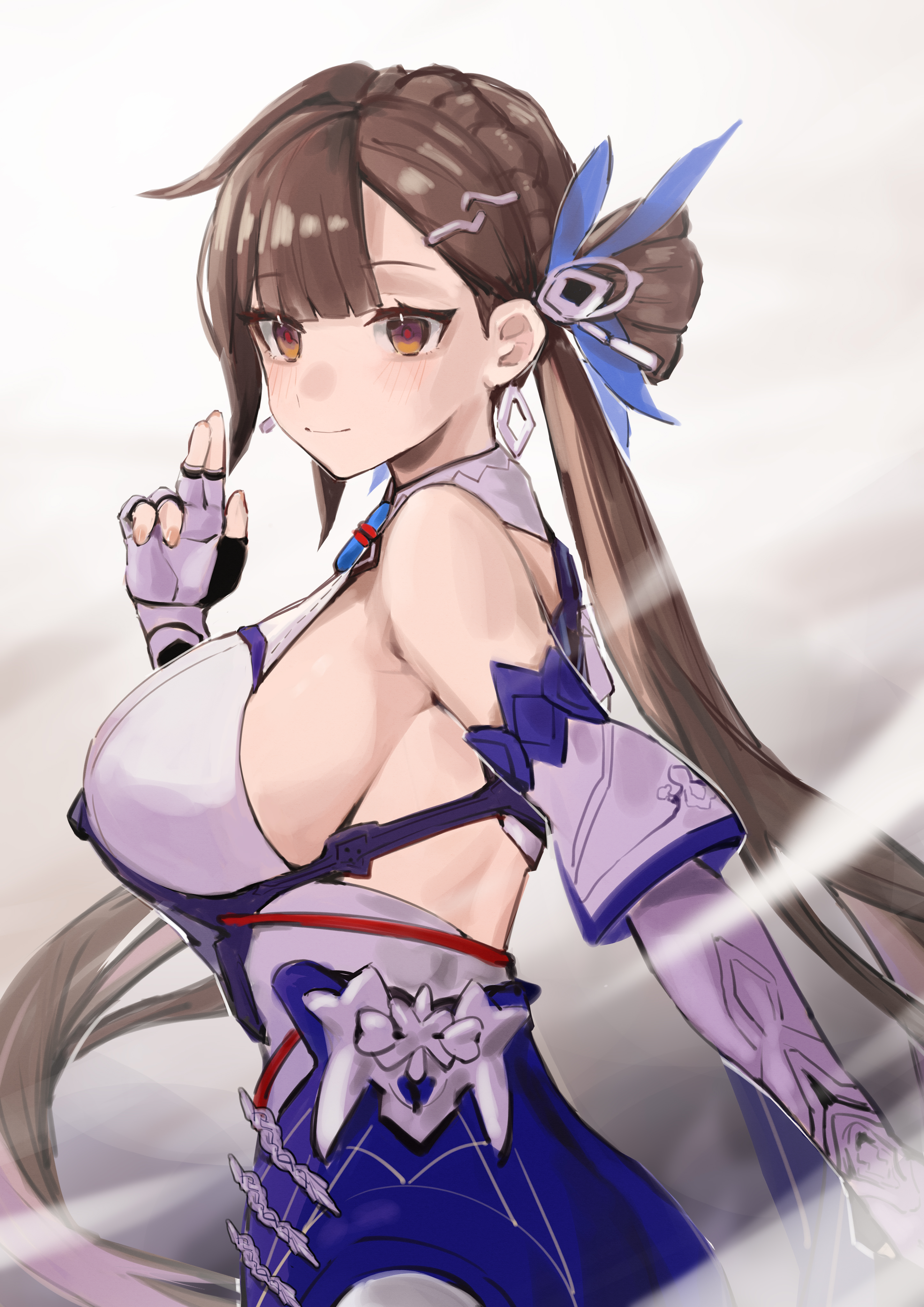 dodo (yatotoyatoto), li sushang, li sushang (jade knight), honkai (series), honkai impact 3rd, absurdres, chinese commentary, commentary request, highres, 1girl, blue dress, breasts, brown eyes, brown hair, dress, earrings, fingerless gloves, from side, gloves, jewelry, large breasts, long hair, looking at viewer, sideboob, simple background, solo, very long hair, white background, white gloves