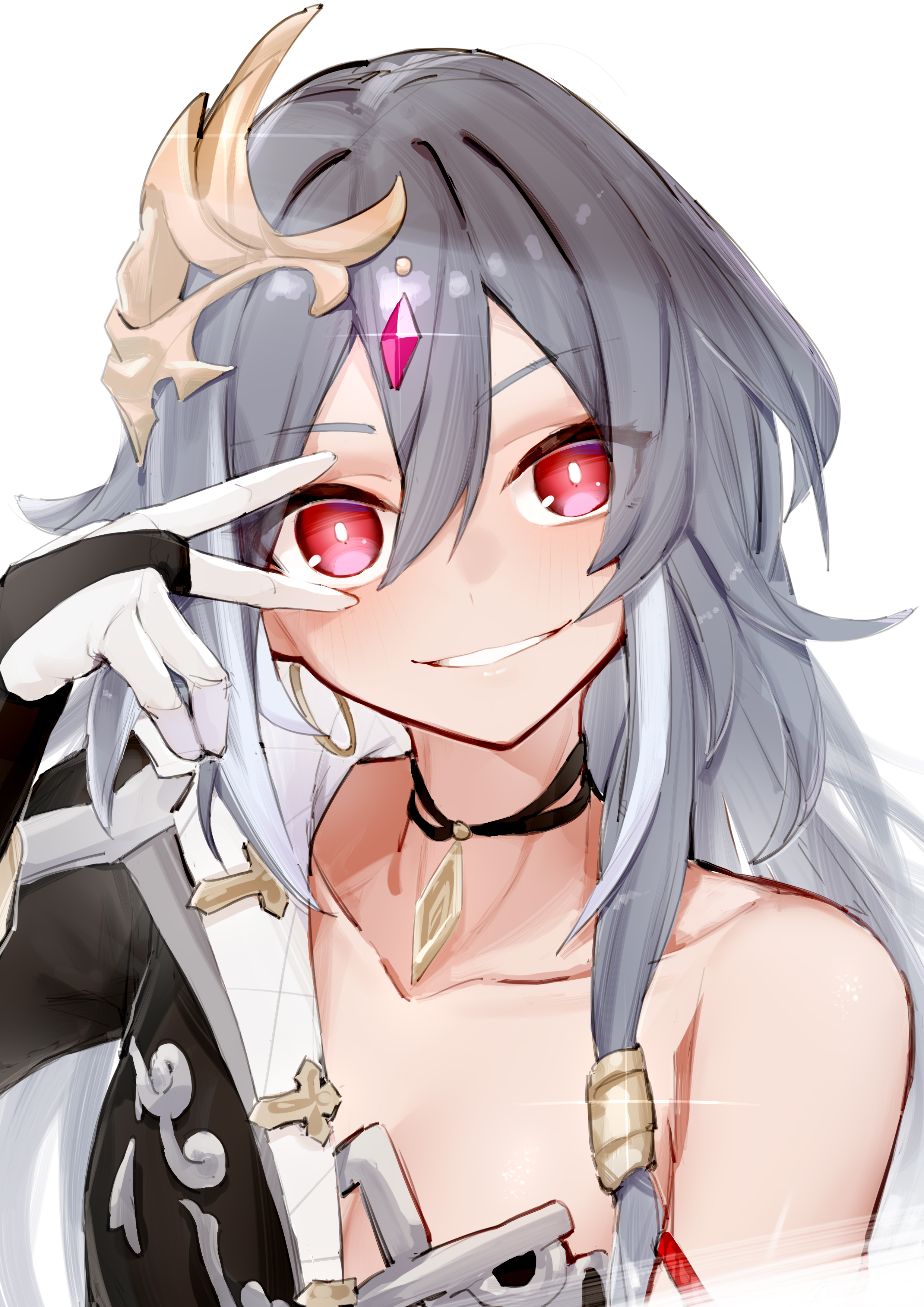 dodo (yatotoyatoto), herrscher of sentience, honkai (series), honkai impact 3rd, absurdres, chinese commentary, commentary request, highres, 1girl, black choker, black dress, breasts, choker, dress, earrings, gem hair ornament, gloves, grey hair, hair ornament, jewelry, long hair, looking at viewer, red hair, simple background, single bare shoulder, small breasts, smile, solo, upper body, v, v over eye, very long hair, white background, white gloves