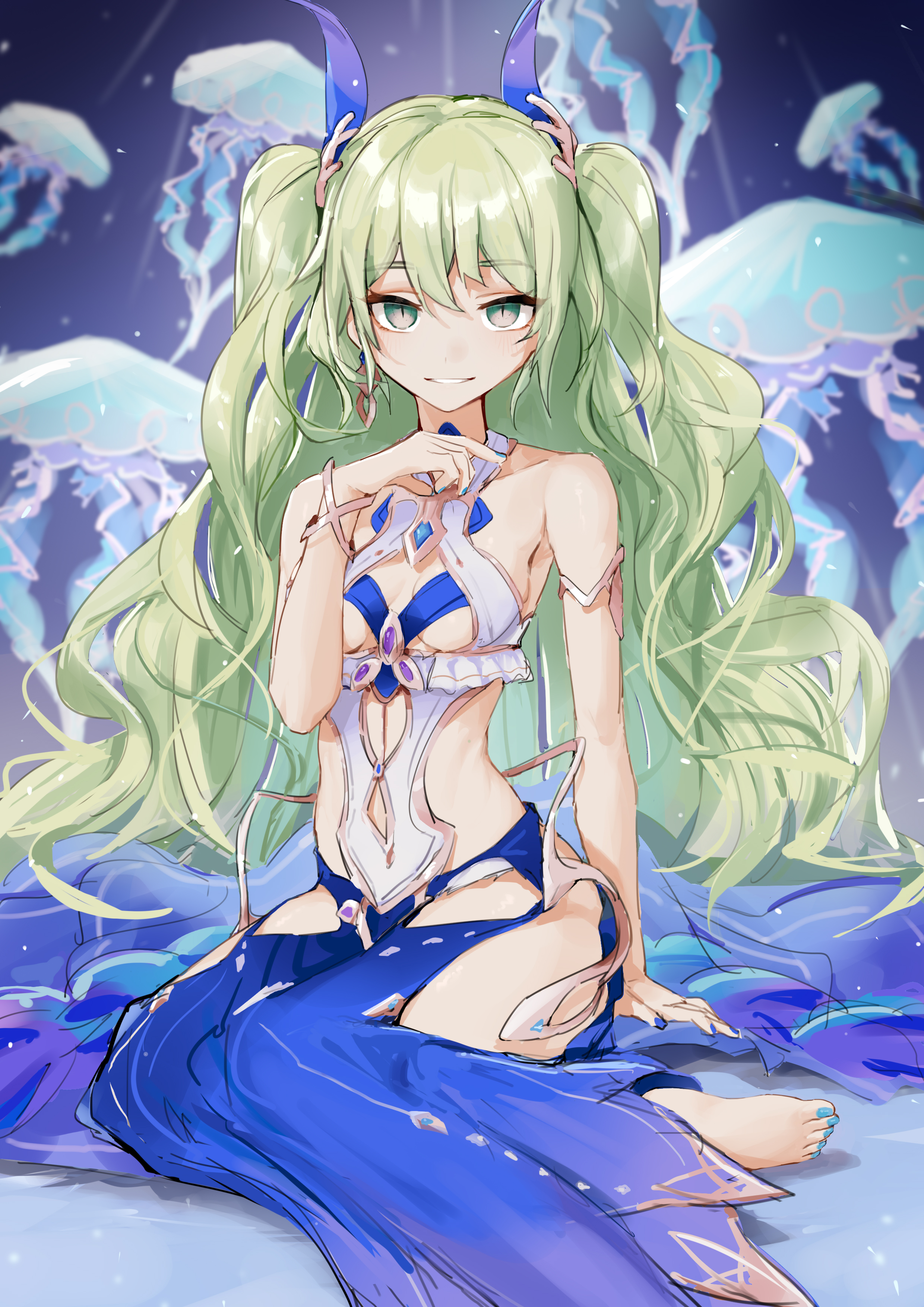 dodo (yatotoyatoto), mobius (daughter of corals) (honkai impact), mobius (honkai impact), honkai (series), honkai impact 3rd, absurdres, chinese commentary, commentary request, highres, 1girl, bare shoulders, barefoot, breasts, cleavage cutout, clothing cutout, earrings, feet, green hair, jellyfish, jewelry, long hair, looking at viewer, mermaid costume, nail polish, official alternate costume, official alternate hairstyle, side cutout, slit pupils, small breasts, smile, solo, toenail polish, toenails, toes, twintails, underwater, very long hair
