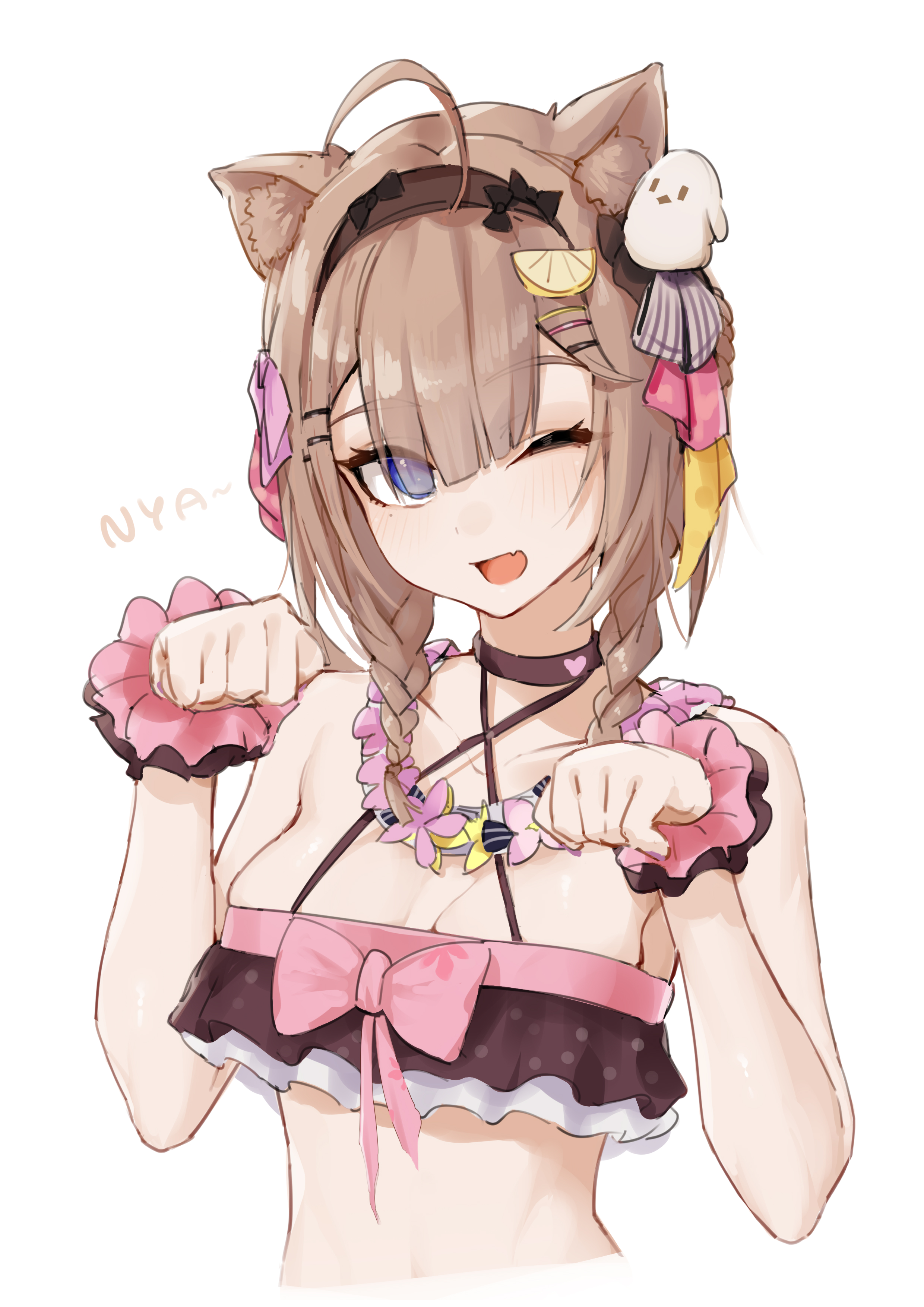 dodo (yatotoyatoto), pardofelis, pardofelis (midsummer collector), honkai (series), honkai impact 3rd, absurdres, chinese commentary, commentary request, highres, 1girl, ;o, ahoge, animal ears, bikini, black bikini, black hairband, blue eyes, blunt bangs, breasts, brown hair, cat ears, cat girl, cleavage, cropped torso, hairband, large breasts, looking at viewer, official alternate costume, one eye closed, paw pose, short hair with long locks, simple background, solo, stomach, swimsuit, white background