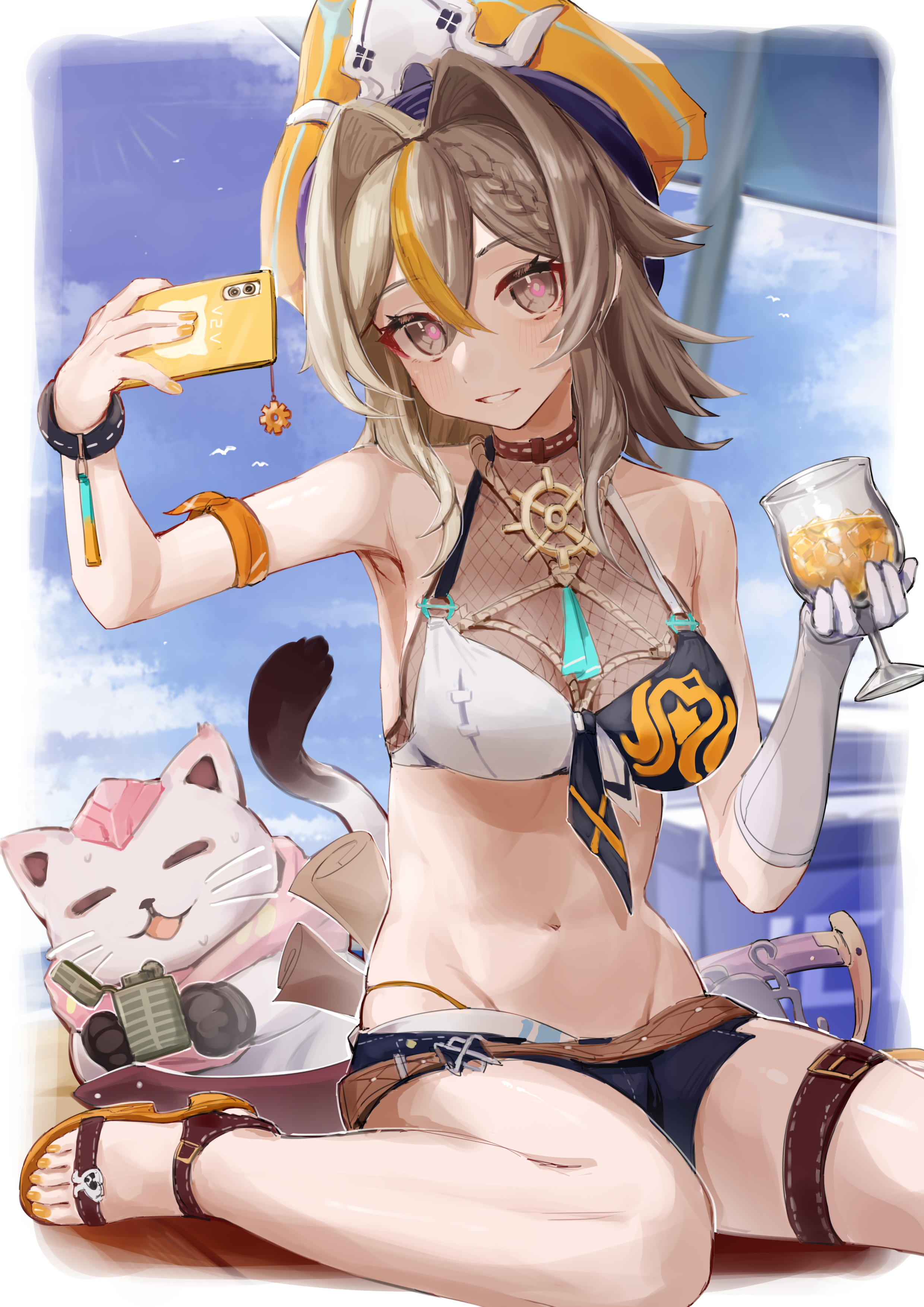 dodo (yatotoyatoto), can (honkai impact), vill-v, vill-v (i'm the storm), honkai (series), honkai impact 3rd, absurdres, chinese commentary, commentary request, highres, 1girl, beach, beach umbrella, belt, bikini, black shorts, blue sky, breasts, brown hair, cat, cup, gloves, hair intakes, hat, holding, holding cup, holding phone, large breasts, medium hair, multicolored bikini, navel, ocean, official alternate costume, outdoors, phone, pirate hat, sand, see-through cleavage, see-through clothes, selfie, shorts, single glove, sitting, sky, smile, stomach, swimsuit, thigh belt, thigh strap, toes, tropical drink, two-tone bikini, umbrella, wariza, white gloves