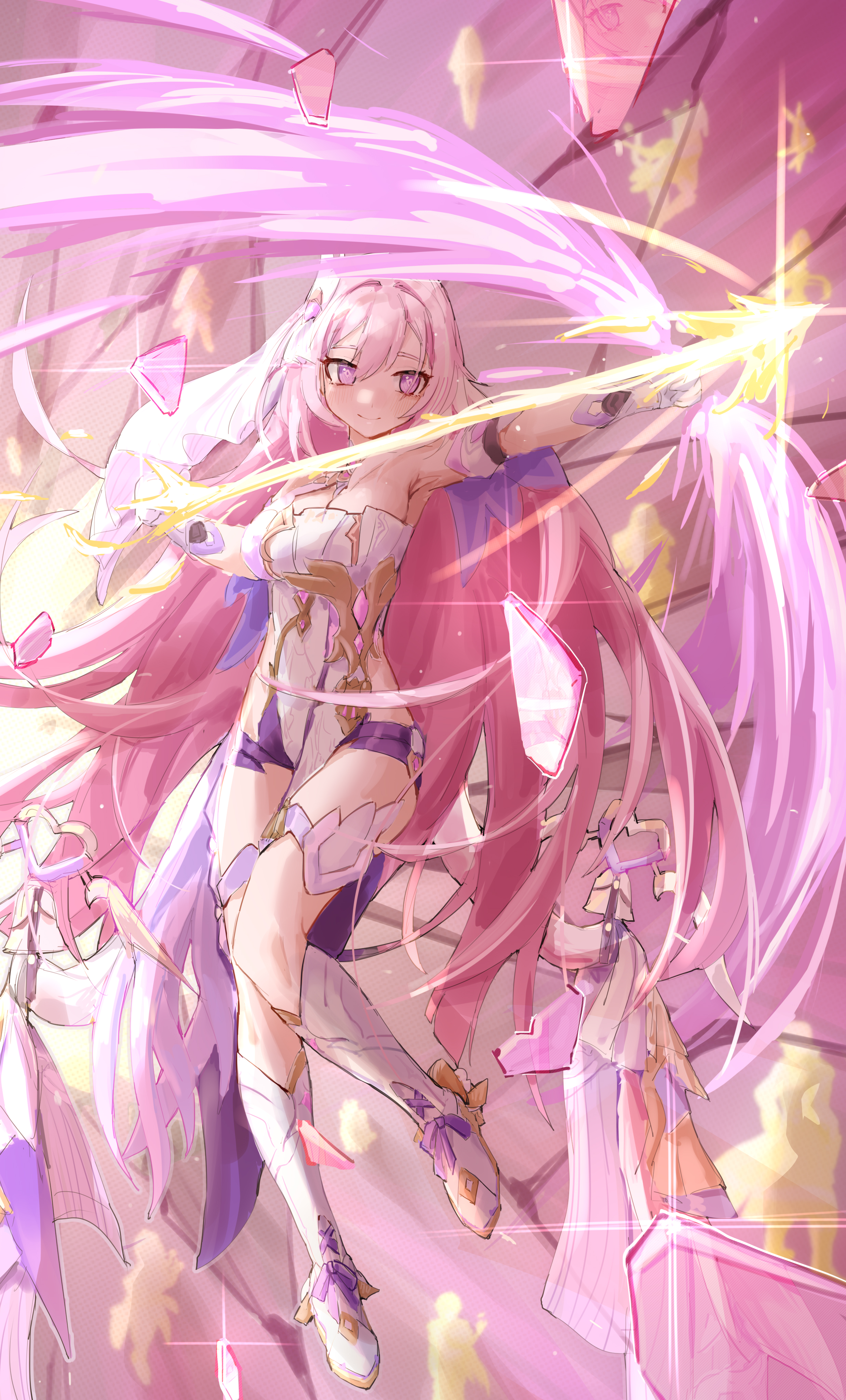 dodo (yatotoyatoto), elysia (herrscher of human: ego) (honkai impact), elysia (honkai impact), honkai (series), honkai impact 3rd, absurdres, chinese commentary, commentary request, highres, 1girl, bare shoulders, black shorts, bow (weapon), breasts, cleavage, corset, energy arrow, gloves, holding, holding bow (weapon), holding weapon, large breasts, micro shorts, pink background, pink hair, purple eyes, shorts, solo, vest, weapon, white corset, white gloves, white vest