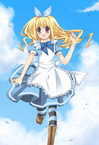 soranagi reno, original, striped, apron, blonde hair, bow, cloud, day, hair bow, hairband, long hair, maid, maid apron, pantyhose, purple eyes, sky, solo