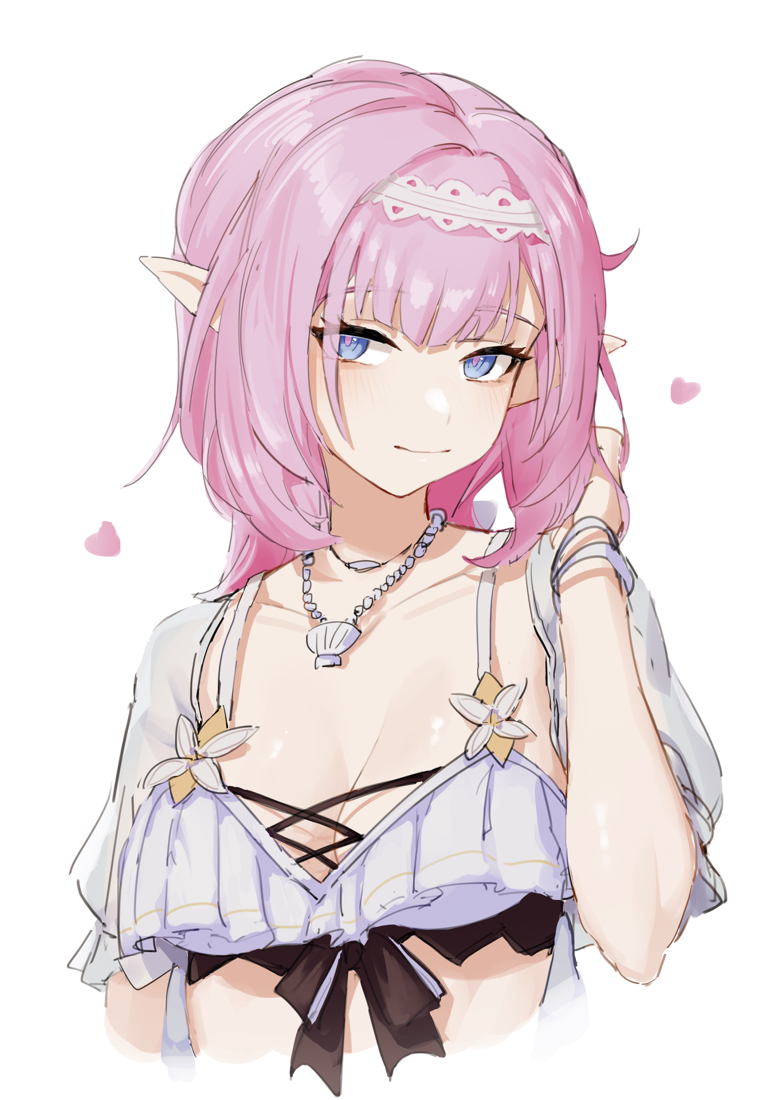 dodo (yatotoyatoto), elysia (honkai impact), elysia (miss pink elf) (honkai impact), elysia (summer miss elf) (honkai impact), honkai (series), honkai impact 3rd, absurdres, chinese commentary, commentary request, highres, 1girl, bikini, blue eyes, blue jacket, breasts, cleavage, cropped torso, elf, hairband, jacket, jewelry, large breasts, long hair, looking at viewer, necklace, official alternate costume, pink hair, pointy ears, shell, shell necklace, simple background, smile, solo, swimsuit, white background, white bikini, white hairband
