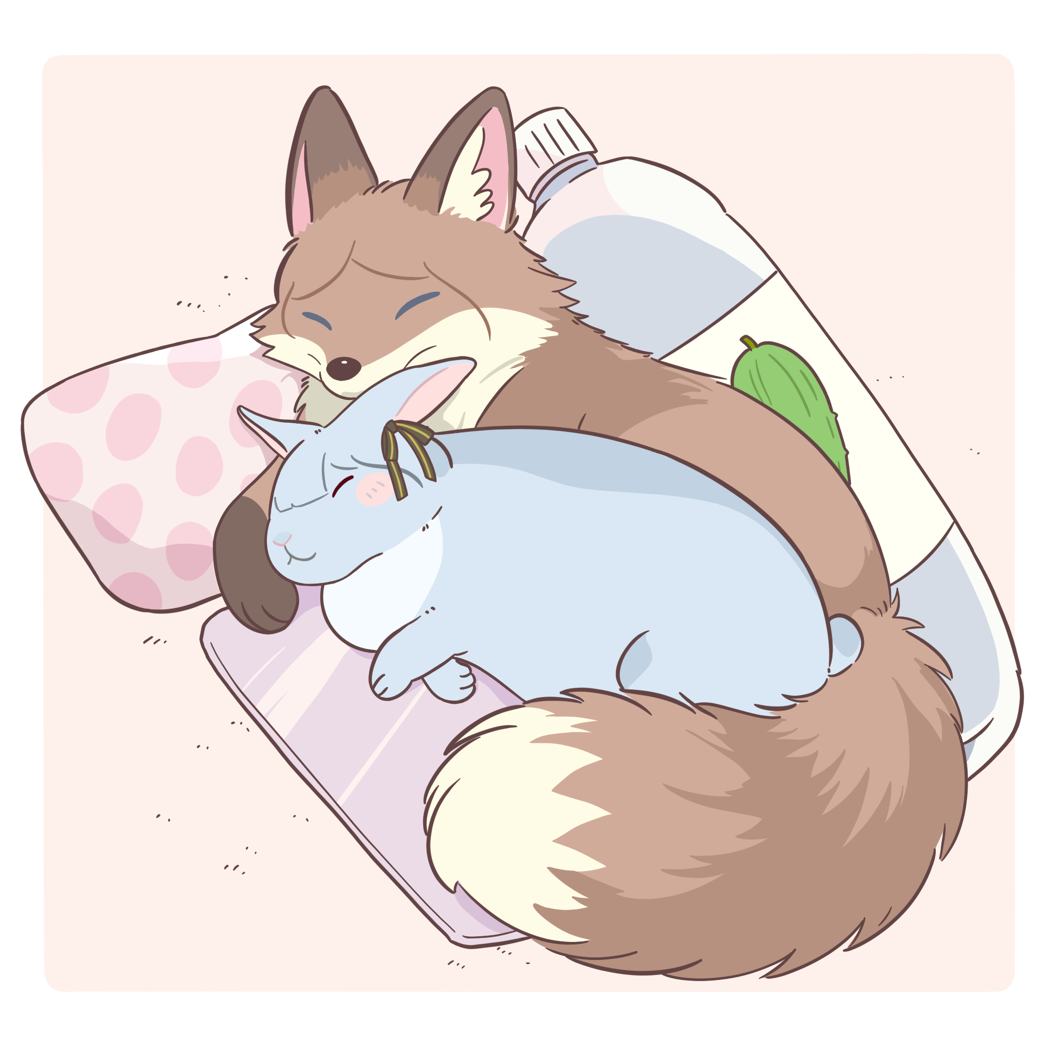 nagasaki soyo, togawa sakiko, bang dream!, bang dream! it's mygo!!!!!, chinese commentary, commentary request, highres, animal, animal focus, animalization, black ribbon, border, bottle, closed eyes, fox, full body, lying, no humans, pillow, rabbit, ribbon, sleeping, water bottle, white border, zhu zhu wan