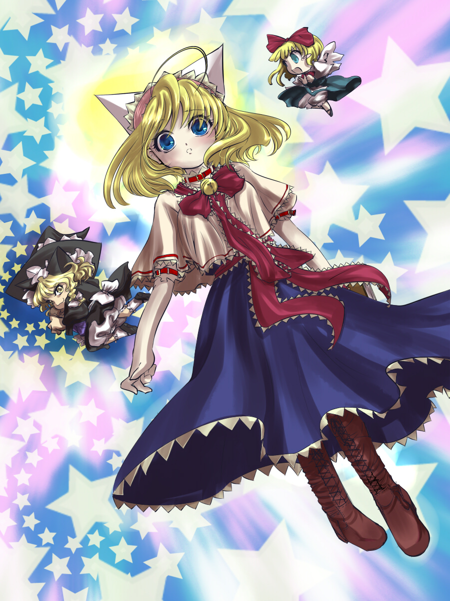 aoi no tasuku, souno tasuku, alice margatroid, kirisame marisa, shanghai doll, touhou, highres, 3girls, blonde hair, blue eyes, boots, doll, female focus, hat, multiple girls, star (symbol), underwear, witch, witch hat