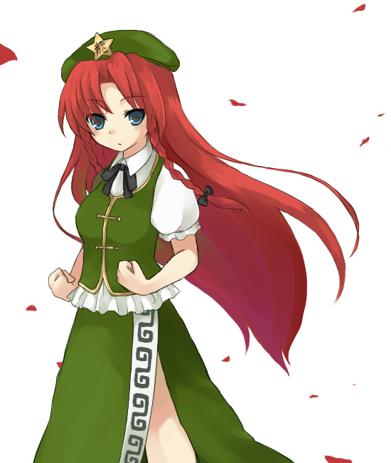 sakaki chihiro, hong meiling, immaterial and missing power, touhou, 1girl, blue eyes, female focus, hat, long hair, red hair, simple background, solo