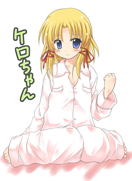 exe (artist), xe (execut3r), moriya suwako, touhou, 1girl, blonde hair, blue eyes, female focus, pajamas, solo