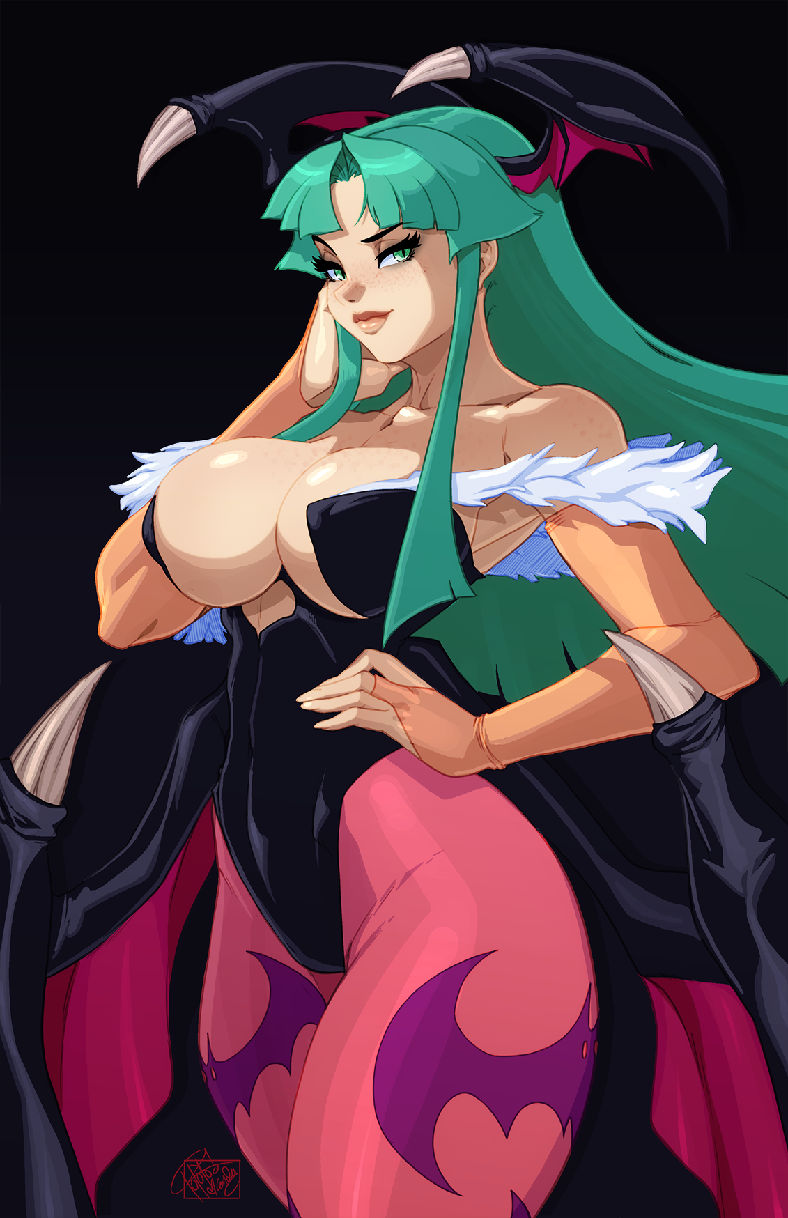 tovio rogers, morrigan aensland, capcom, darkstalkers, highres, 1girl, abs, animal print, bare shoulders, bat print, bat wings, black leotard, body freckles, breasts, bridal gauntlets, chest freckles, cleavage, demon girl, freckles, green eyes, green hair, head wings, highleg, highleg leotard, large breasts, leotard, long hair, pantyhose, print pantyhose, shoulder freckles, smile, solo, wings