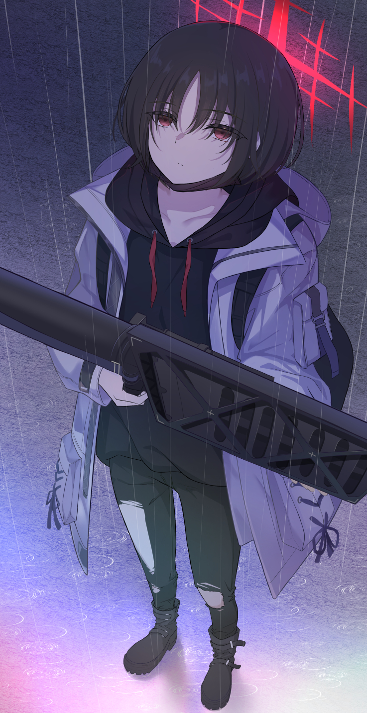 ray 726, misaki (blue archive), blue archive, commentary, commentary request, english commentary, highres, mixed-language commentary, 1girl, black hair, black hoodie, black mask, black pants, boots, expressionless, fim-92 stinger, full body, halo, holding, holding rocket launcher, holding weapon, hood, hoodie, jacket, looking up, mask, mask pull, mouth mask, pants, rain, red eyes, red halo, rocket launcher, short hair, solo, surgical mask, torn clothes, torn pants, weapon, white jacket