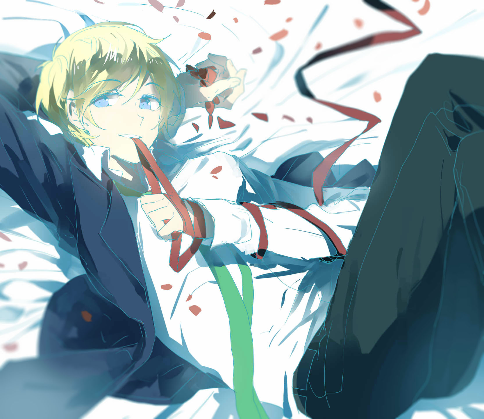 min (120716), ayase eli, love live!, love live! school idol project, chinese commentary, commentary request, highres, 1boy, blonde hair, blue eyes, collared shirt, genderswap, genderswap (ftm), green necktie, holding, holding petal, jacket, long sleeves, looking at viewer, lying, male focus, mouth hold, necktie, on back, petals, red petals, red ribbon, ribbon, ribbon in mouth, shirt, short hair, solo, white shirt
