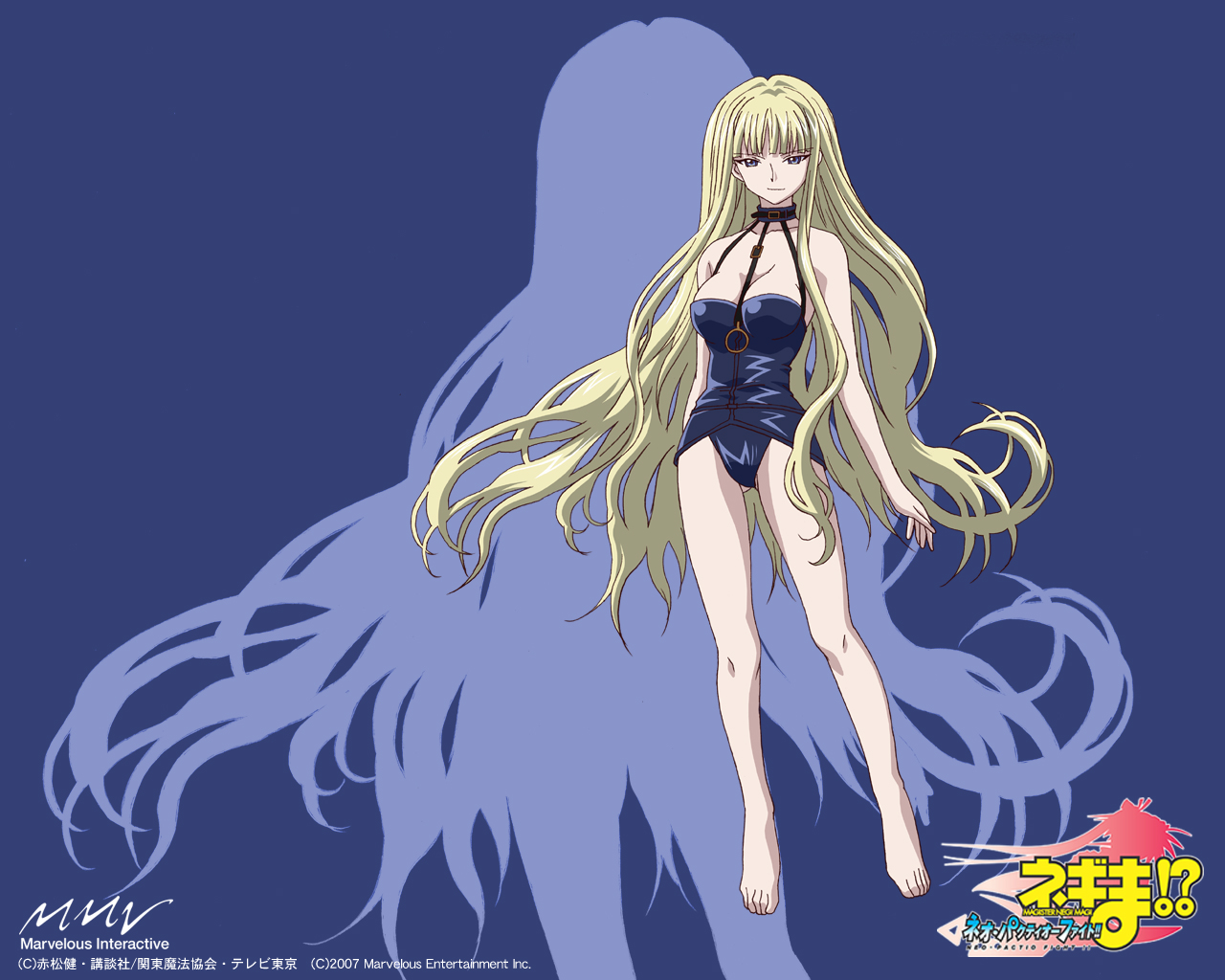 evangeline a.k. mcdowell, evangeline a.k. mcdowell (adult), mahou sensei negima!, non-web source, 00s, 1girl, aged up, barefoot, between breasts, blonde hair, blue eyes, breasts, casual one-piece swimsuit, cleavage, female focus, large breasts, long hair, one-piece swimsuit, silhouette, solo, swimsuit, vampire, very long hair