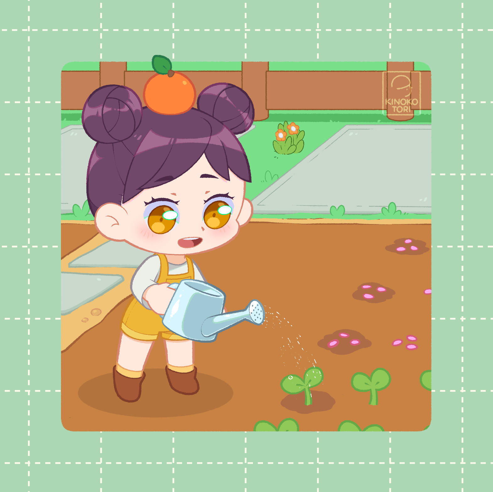 kinokorin, fields of mistria, highres, 1girl, blush, chibi, chibi only, day, double bun, eyelashes, farm, farming, fence, food, fruit, hair bun, mandarin orange, open mouth, orange eyes, orange overalls, outdoors, overalls, purple hair, seed, shirt, signature, solo, sprout, watering can, white shirt