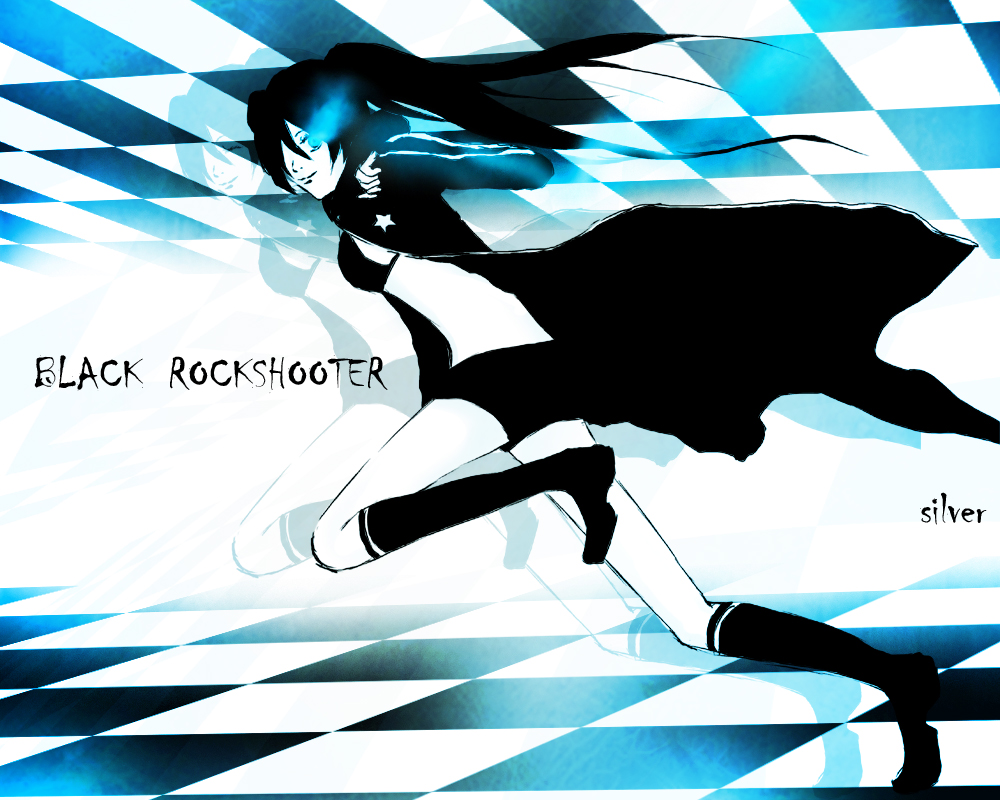 silver (pixiv), black rock shooter (character), hatsune miku, black rock shooter, vocaloid, bad id, bad pixiv id, 10s, 1girl, black hair, blacku00e2u02dcu2026rock shooter, blue theme, female focus, long hair, midriff, monochrome, solo, twintails