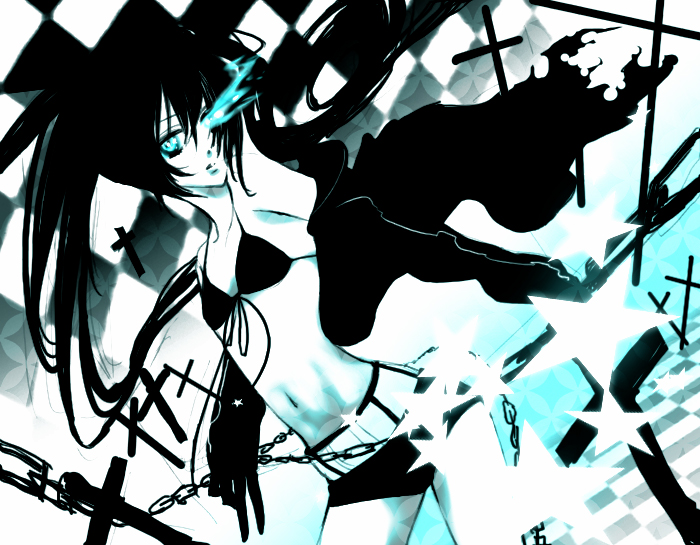 shibuya (156702), black rock shooter (character), black rock shooter, bad id, bad pixiv id, 10s, 1girl, aqua theme, black hair, blacku00e2u02dcu2026rock shooter, blue eyes, chain, female focus, long hair, midriff, monochrome, solo, twintails