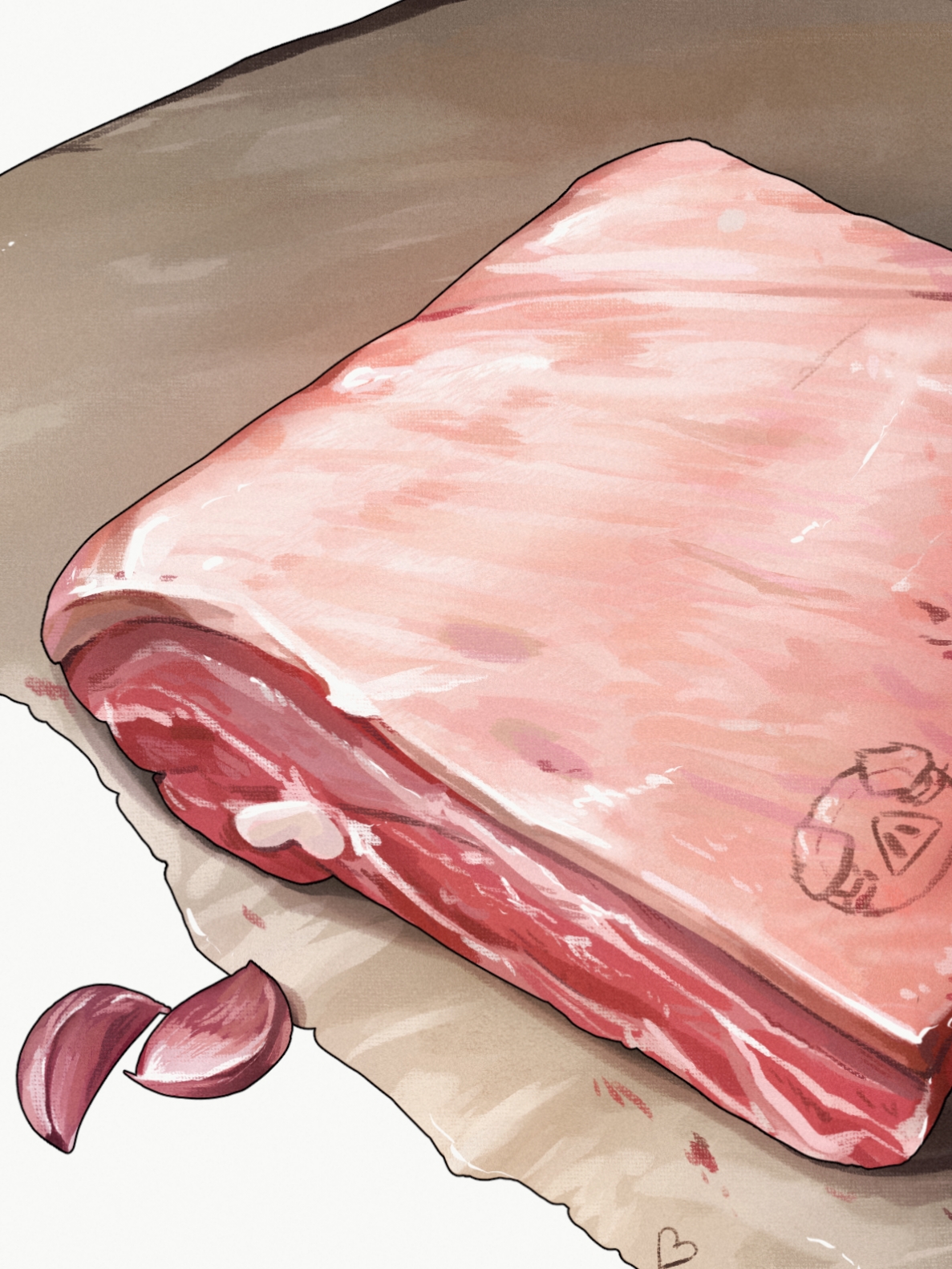 wldud9 9, lechonk, nintendo, pokemon, commentary request, highres, food, food focus, garlic, meat, no humans, pork, raw meat, simple background, still life, white background