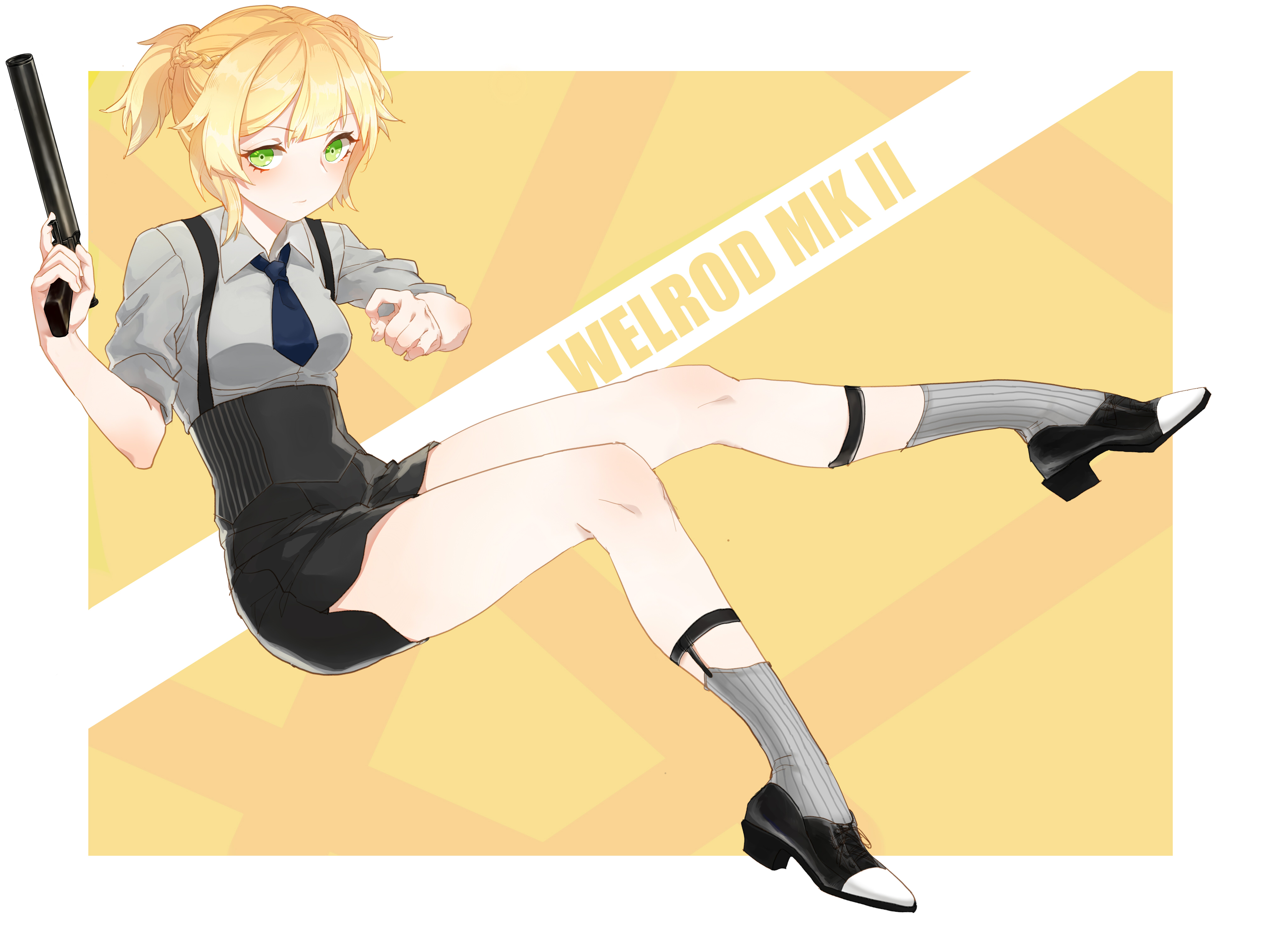 creamyghost, welrod mkii (girls' frontline), girls' frontline, absurdres, highres, 1girl, black skirt, blonde hair, bolt action, green eyes, grey socks, gun, handgun, holding, holding gun, holding weapon, necktie, short hair, sitting, skirt, socks, twintails, weapon, welrod, yellow background